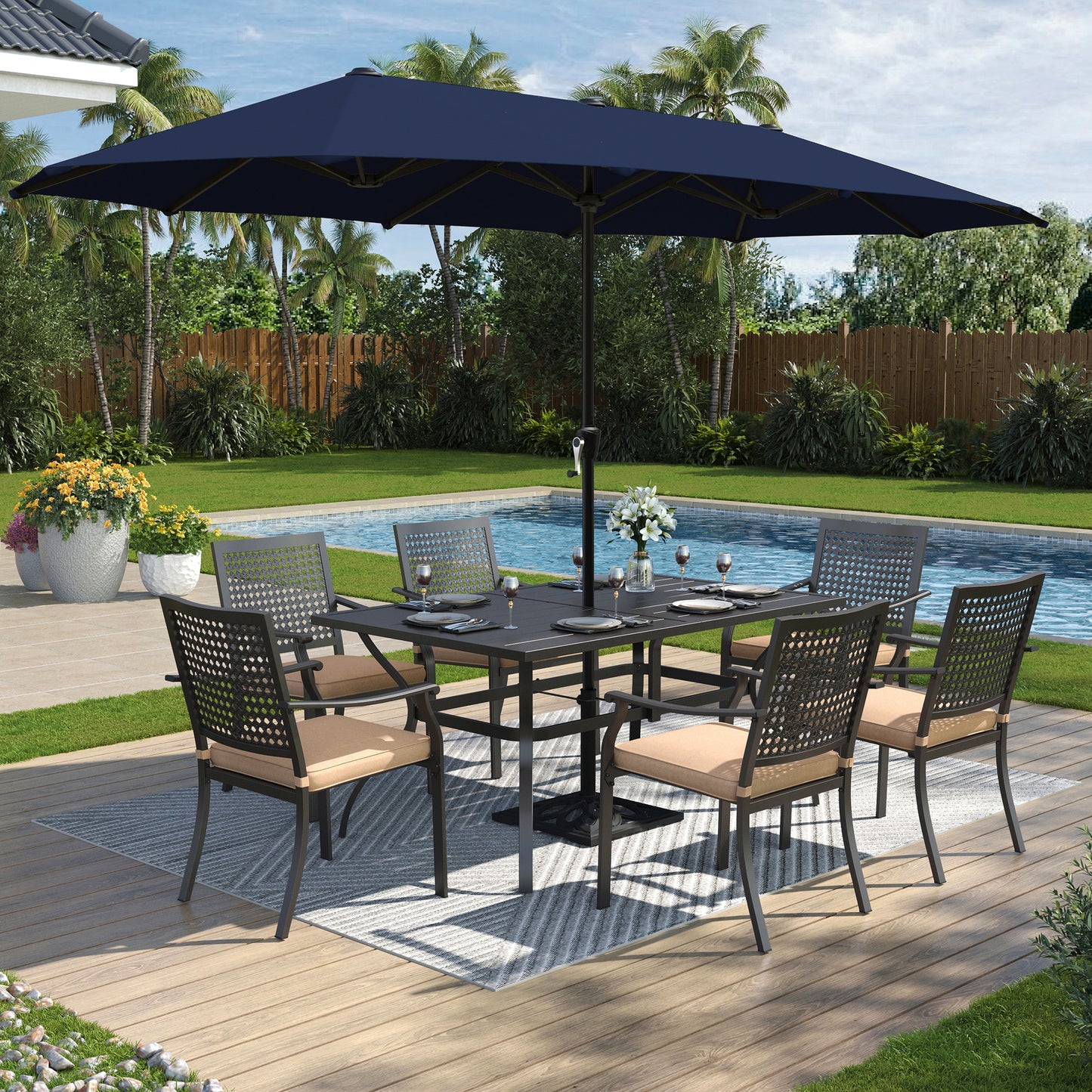 Captiva Designs 8pc Patio Slat-top Dining Steel Table & Stackable Steel Chairs & Market Umbrella