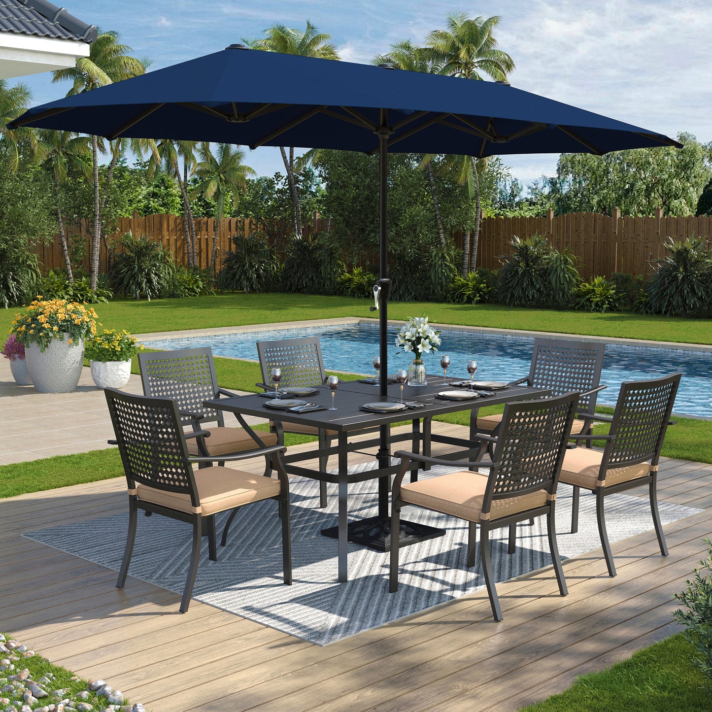 Captiva Designs 8pc Patio Slat-top Dining Steel Table & Stackable Steel Chairs & Market Umbrella