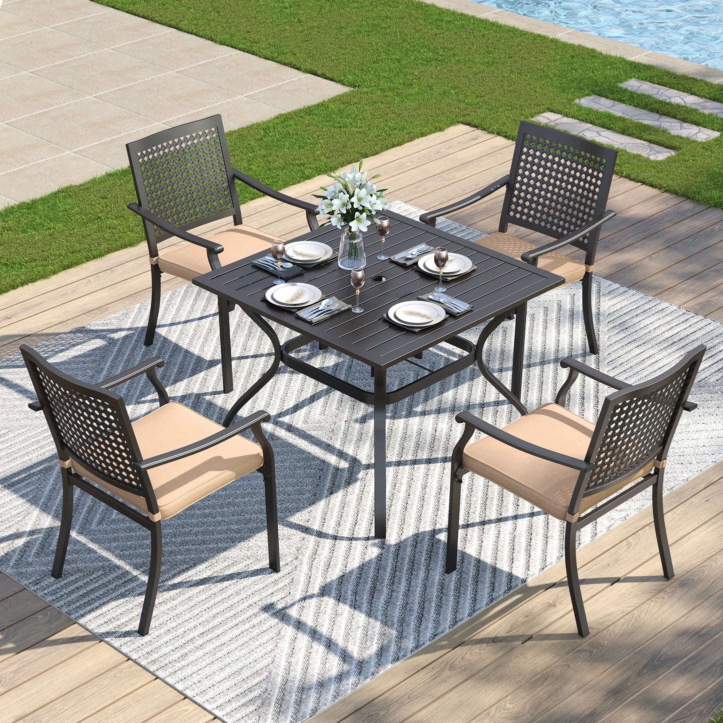 Captiva Designs 5pc Patio Slat-top Square Steel Dining Table with Umbrella Hole & Metal Arm Chairs