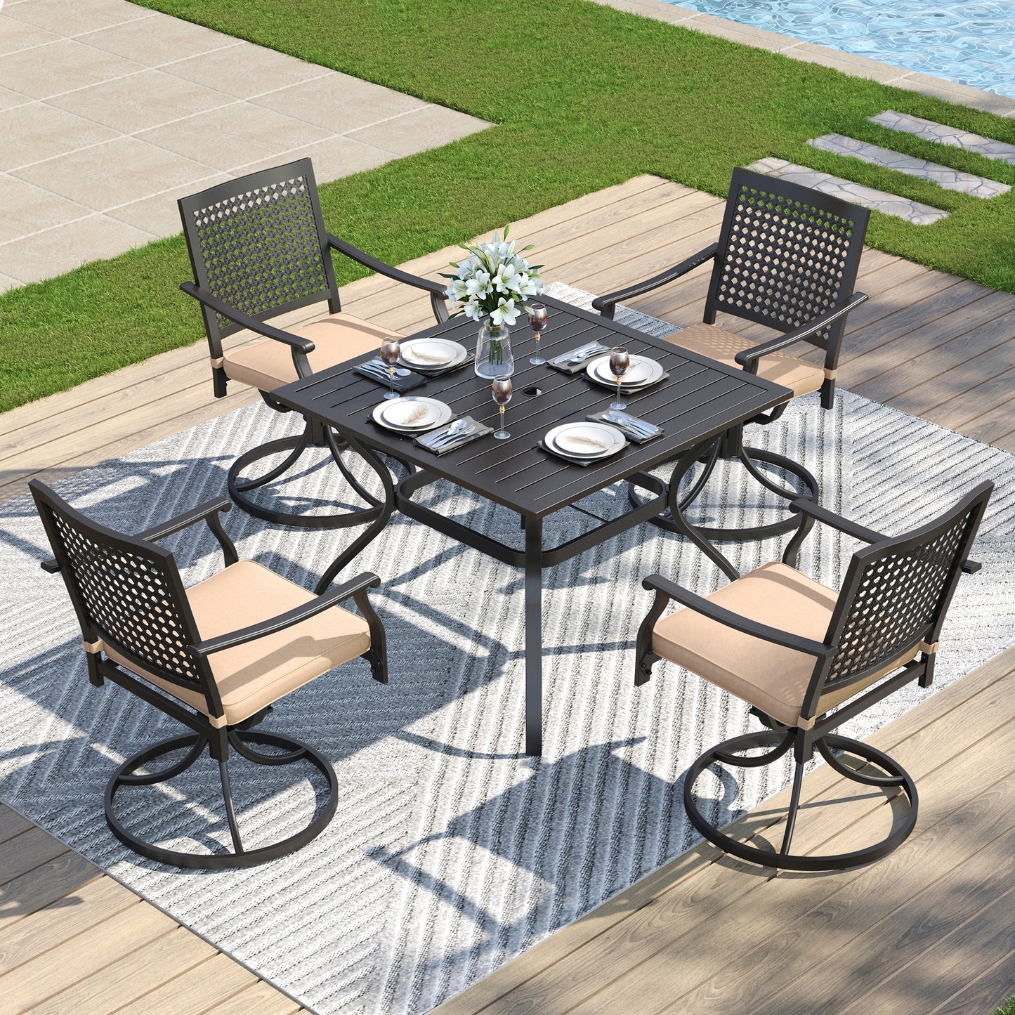 Captiva Designs 5pc Patio Slat-top Square Steel Dining Table with Umbrella Hole & Metal Arm Chairs