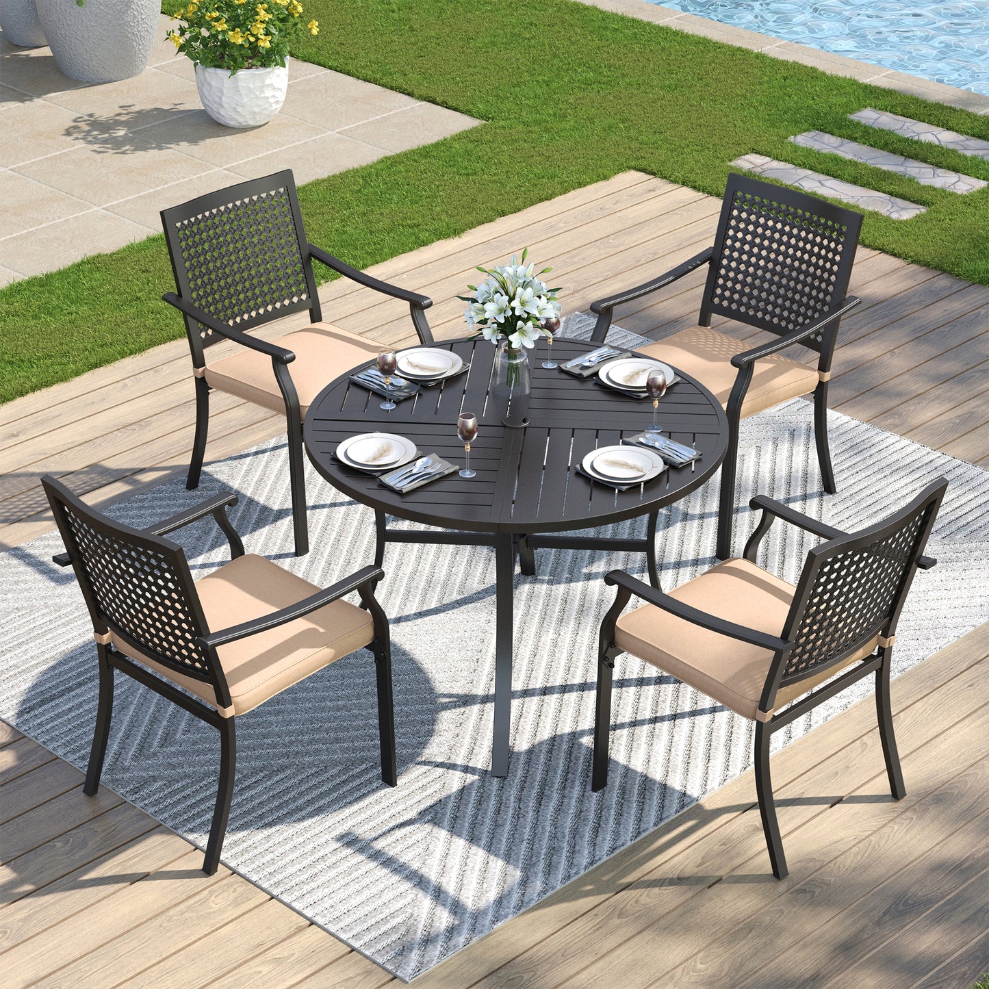 Captiva Designs 5pc Patio Dining Steel Set with Slat-top Round Table & Metal Chairs with Stylish Back