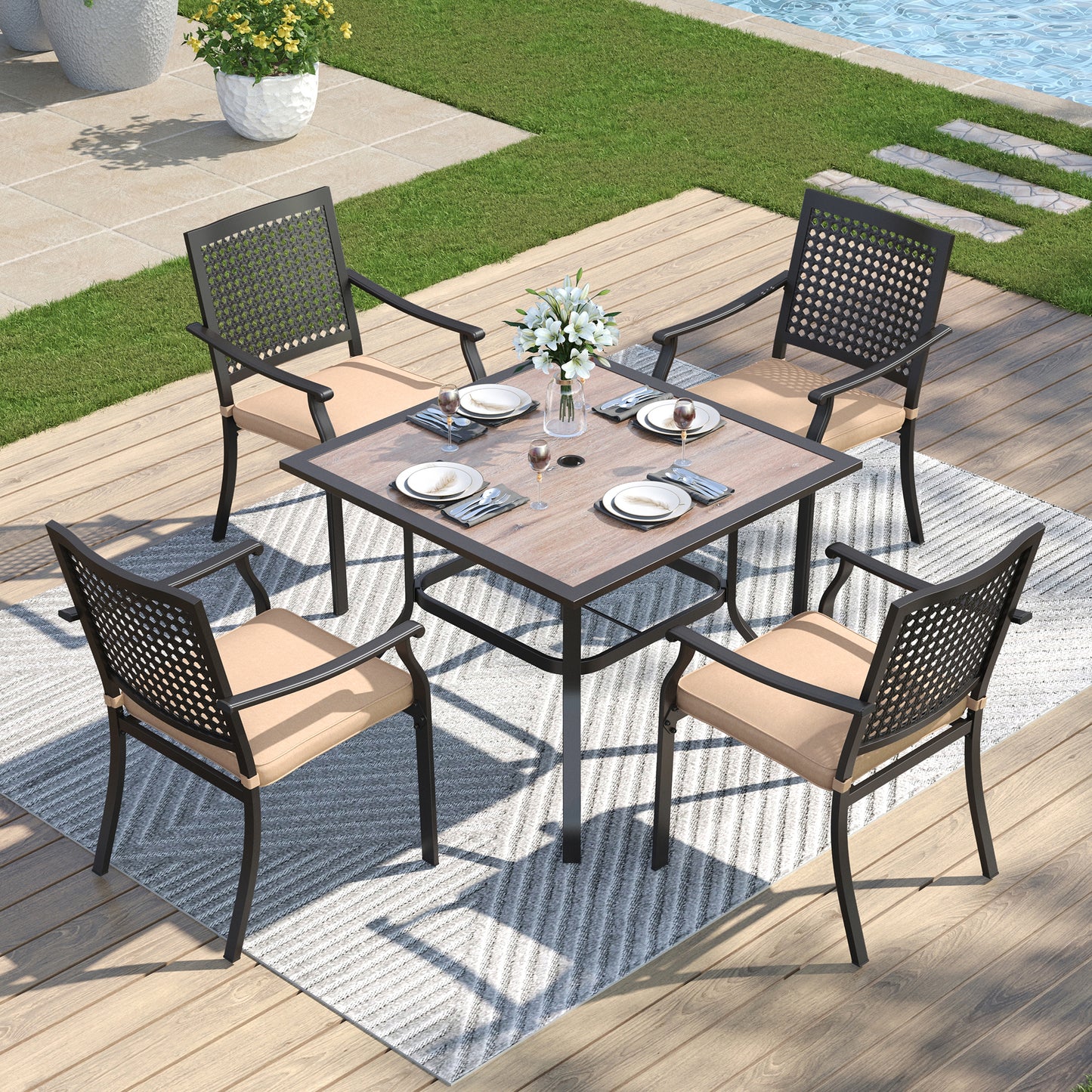 Captiva Designs 5pc Patio Wood-look Square Dining Table with Umbrella Hole & Metal Arm Chairs
