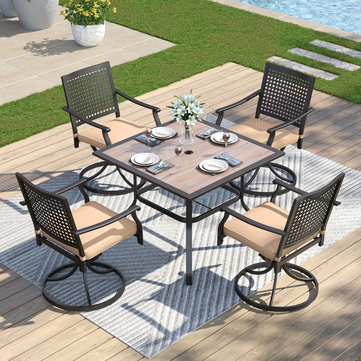 Captiva Designs 9 件套露台餐桌椅套装，配有宽敞的方形金属板桌和带靠垫的钢椅