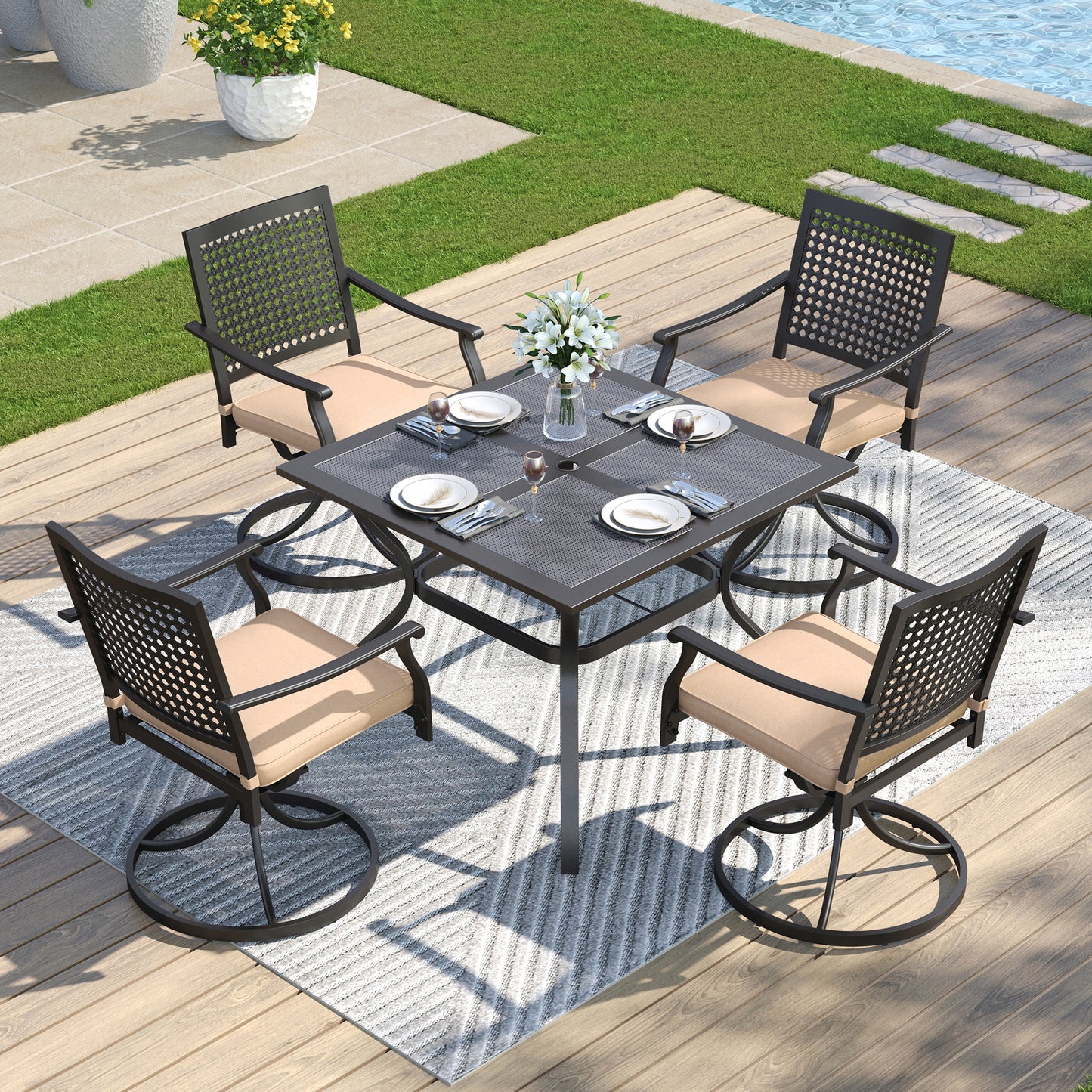 Captiva Designs 5pc Outdoor Patio Dining Set with Mesh Top Square Steel Table and Metal Chairs