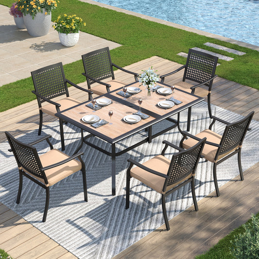 Captiva Designs 7pc Patio Dining Set with Wood-look Rectangle Steel Table & Stylish Back Metal Chairs