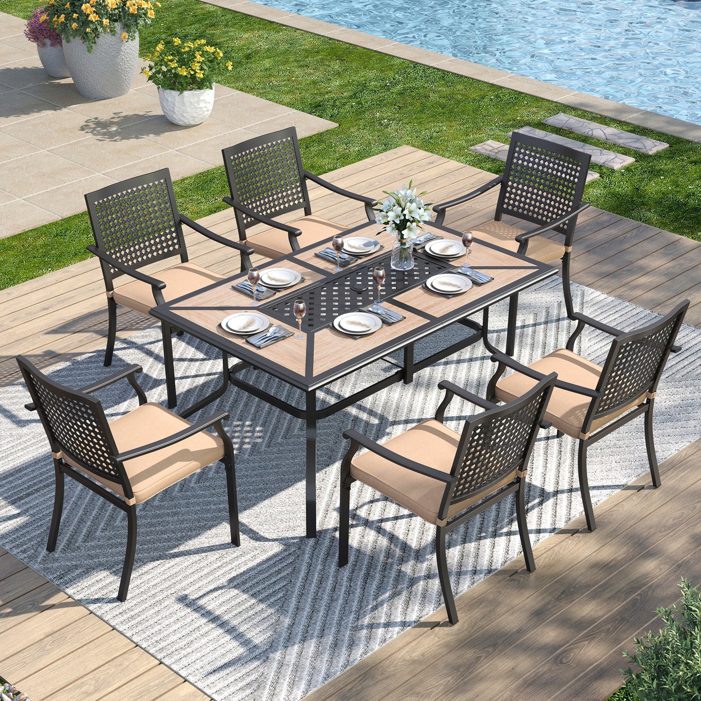 Captiva Designs 7pc Patio Dining Set with Wood-look Rectangle Steel Table & Stylish Back Metal Chairs