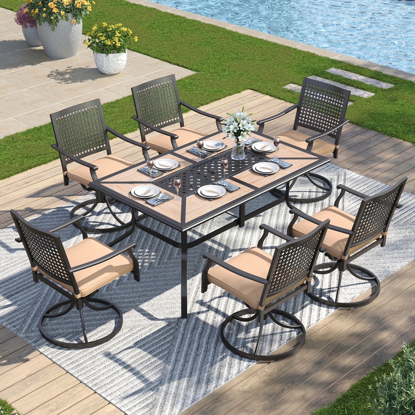 Captiva Designs 7pc Patio Dining Set with Wood-look Rectangle Steel Table & Stylish Back Metal Chairs