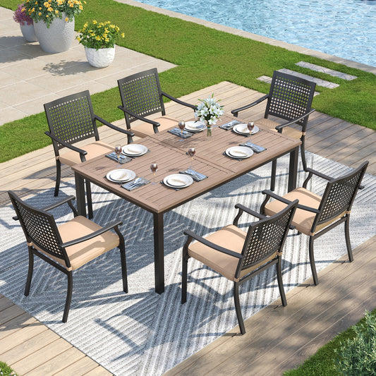 Captiva Designs 7pc Patio Dining Steel Wood-look Table with Umbrella Hole & Stackable Chairs with Bull's Eye Pattern