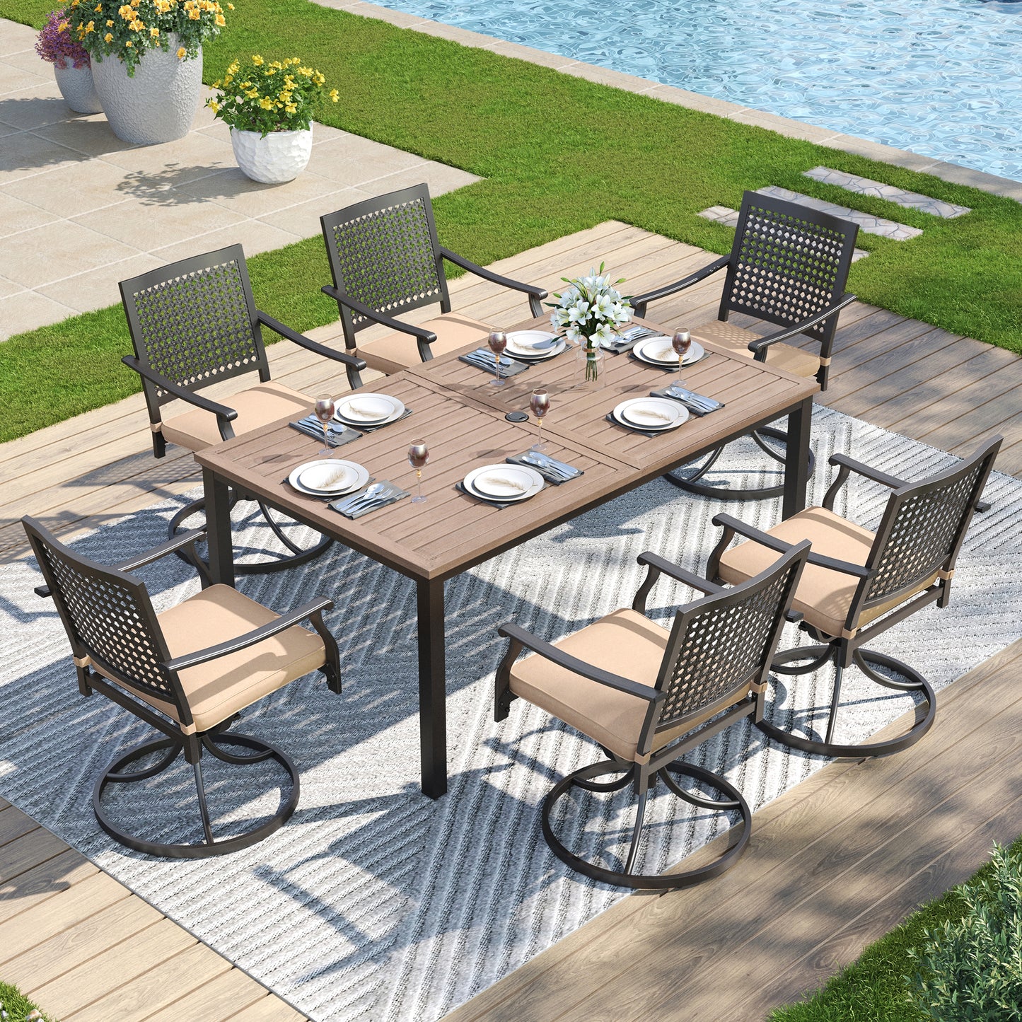 Captiva Designs 7pc Patio Dining Steel Wood-look Table with Umbrella Hole & Stackable Chairs with Bull's Eye Pattern