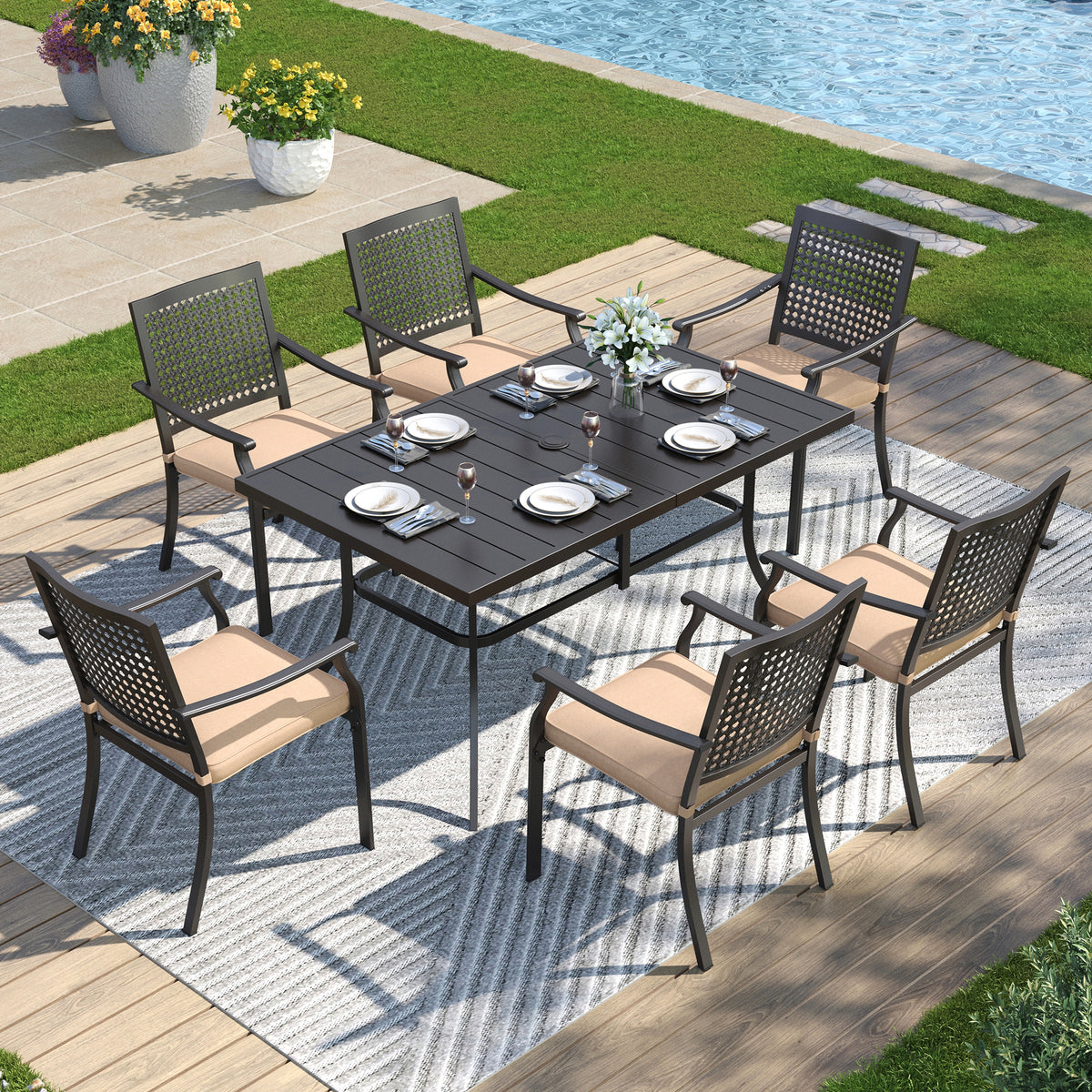 Captiva Designs 7pc Patio Dining Set with Slat-top Rectangle Steel Table & Metal Stackable Chairs