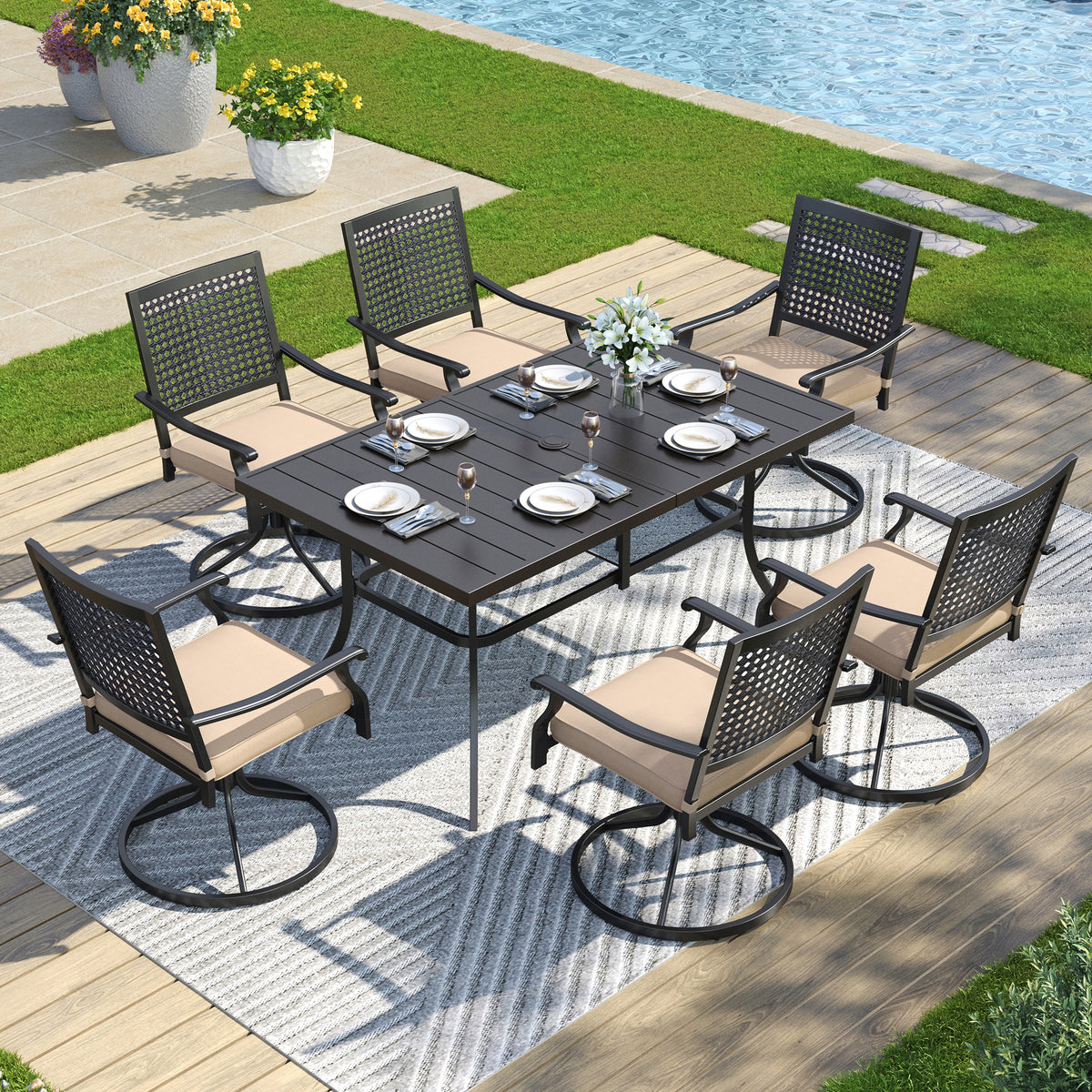 Captiva Designs 7pc Outdoor Patio Dining Slat-top Rectangle Steel Table & Swivel Metal Chairs