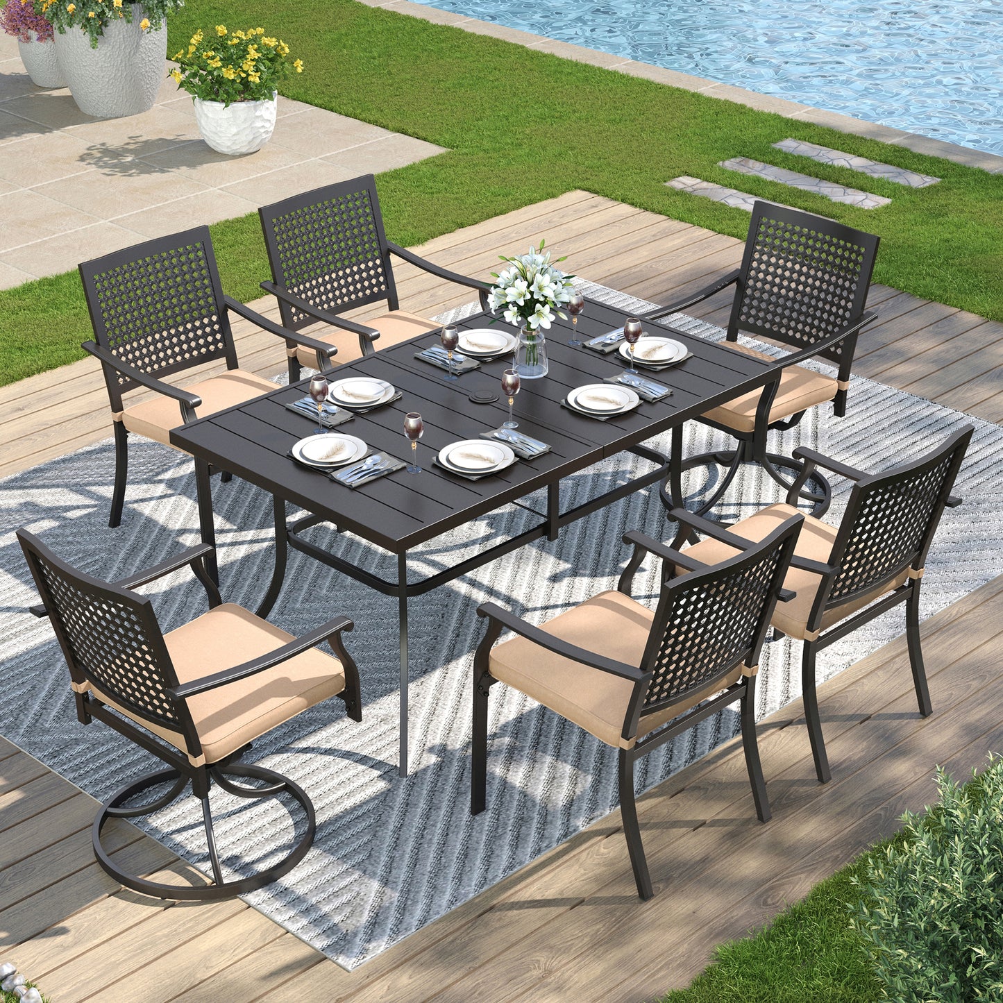 Captiva Designs 7pc Patio Dining Set with Slat-top Rectangle Steel Table & Metal Chairs