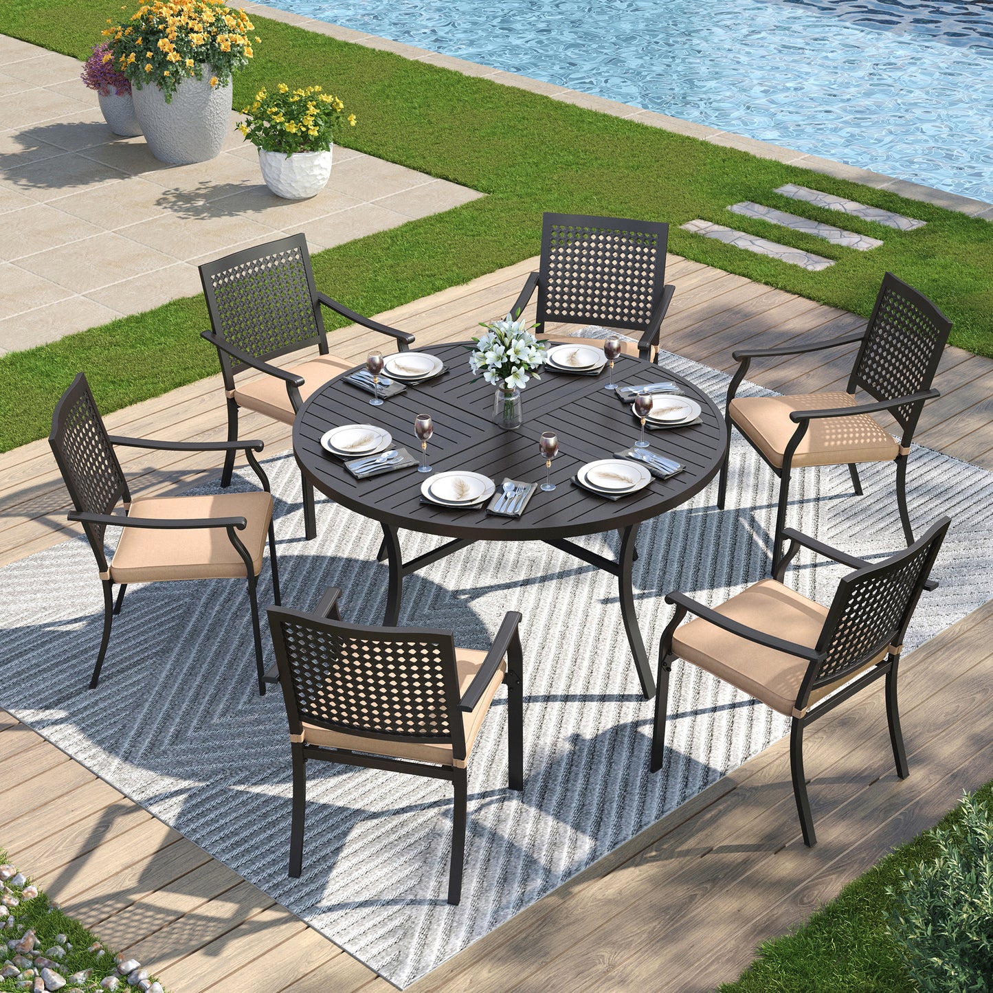 Captiva Designs 7pc Black Round Slatted Steel Table with Umbrella Hole& Metal Armrest Chairs