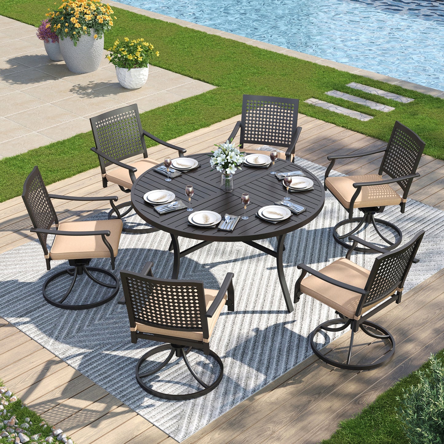 Captiva Designs 7 件套黑色圆形板条钢桌，带伞孔和金属可堆叠椅子