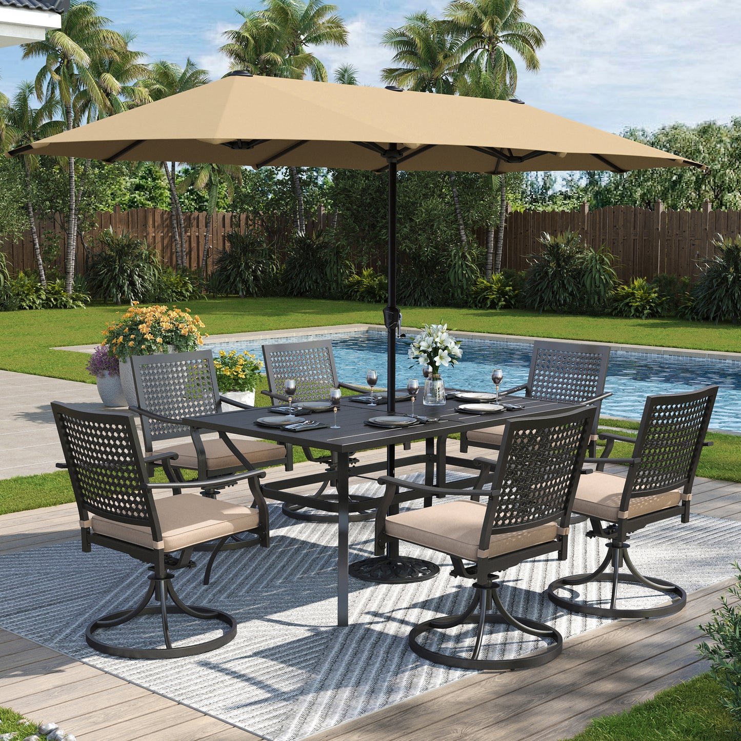 Captiva Designs 8pc Patio Slat-top Dining Steel Table & Stackable Steel Chairs & Market Umbrella