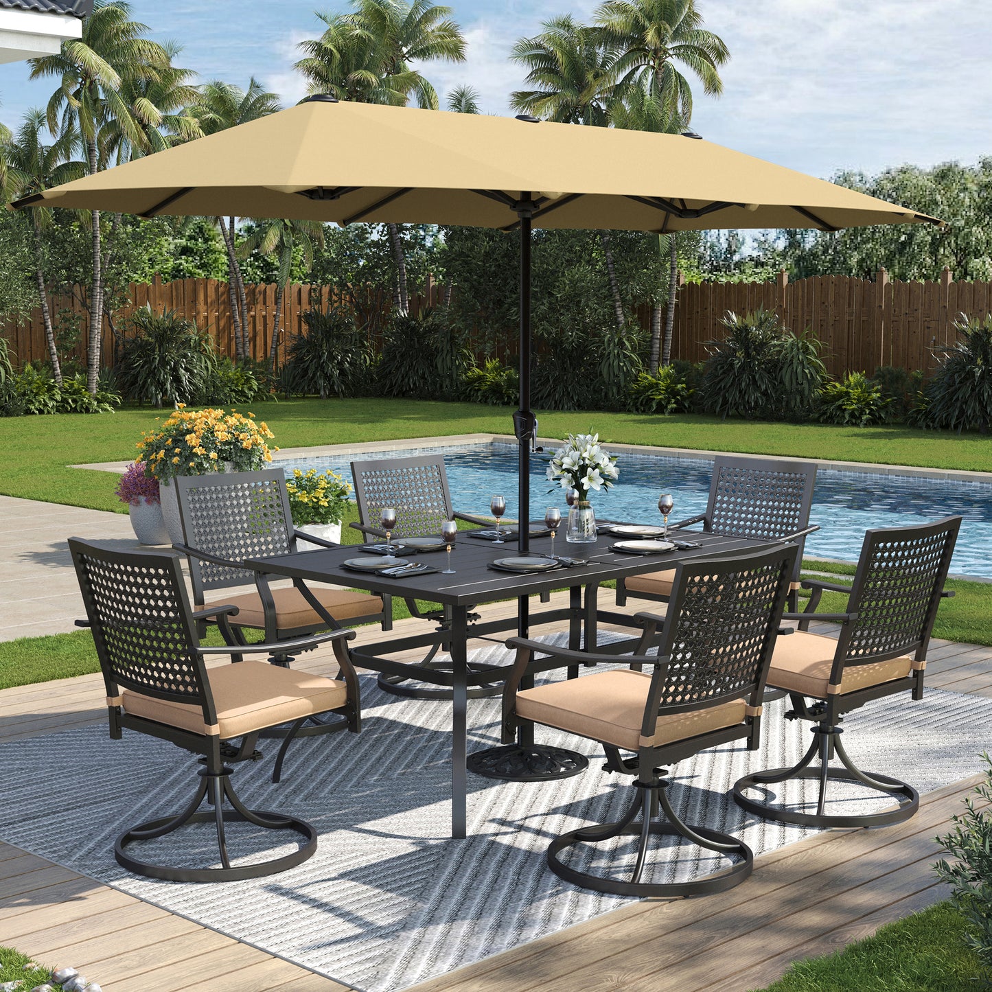 Captiva Designs 8pc Patio Dining Set with Rectangular Steel Table & Black Steel Chairs & Beige Umbrella