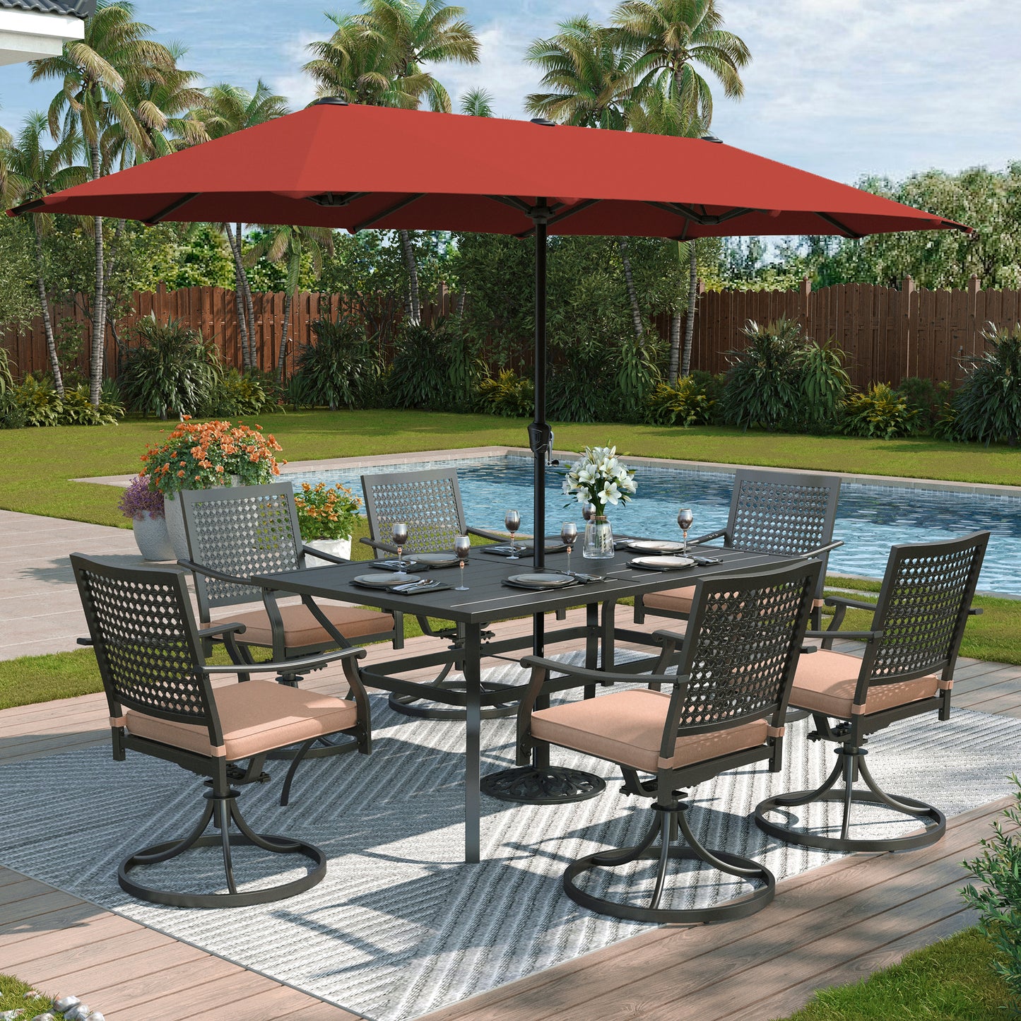 Captiva Designs 8pc Patio Slat-top Dining Steel Table & Stackable Steel Chairs & Market Umbrella