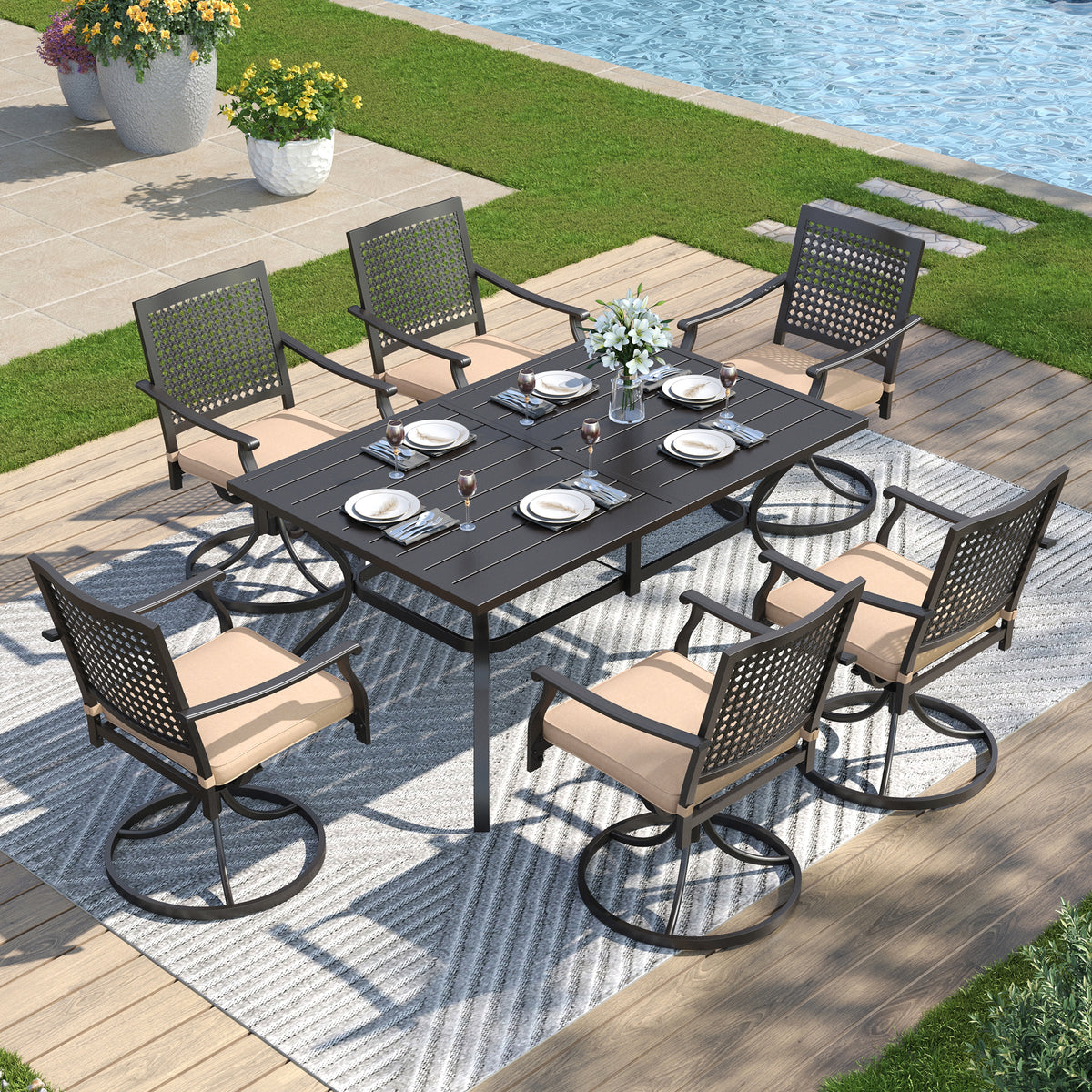 Captiva Designs 7pc Outdoor Patio Dining Slat-top Rectangle Steel Table & Swivel Metal Chairs