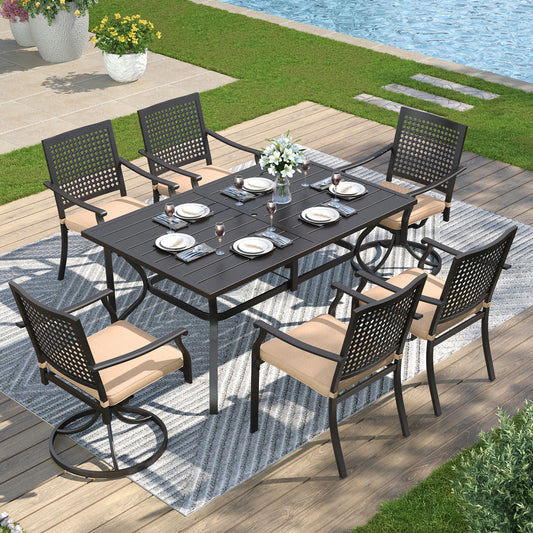 Captiva Designs 7pc Patio Dining Set with Slat-top Rectangle Steel Table & Metal Chairs