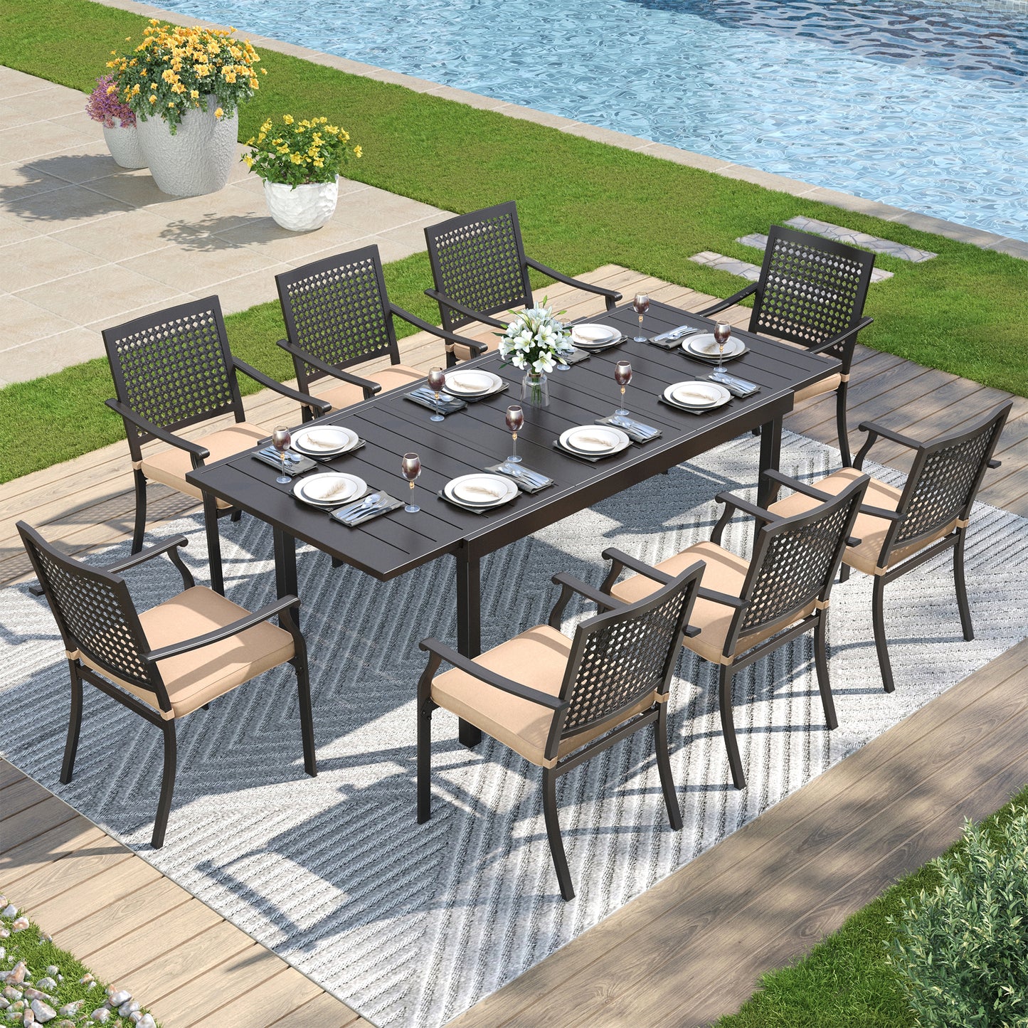 Captiva Designs 9pc Patio Adjustable Steel Rectangle Dining Table & Metal Chairs with Bull's Eye Pattern