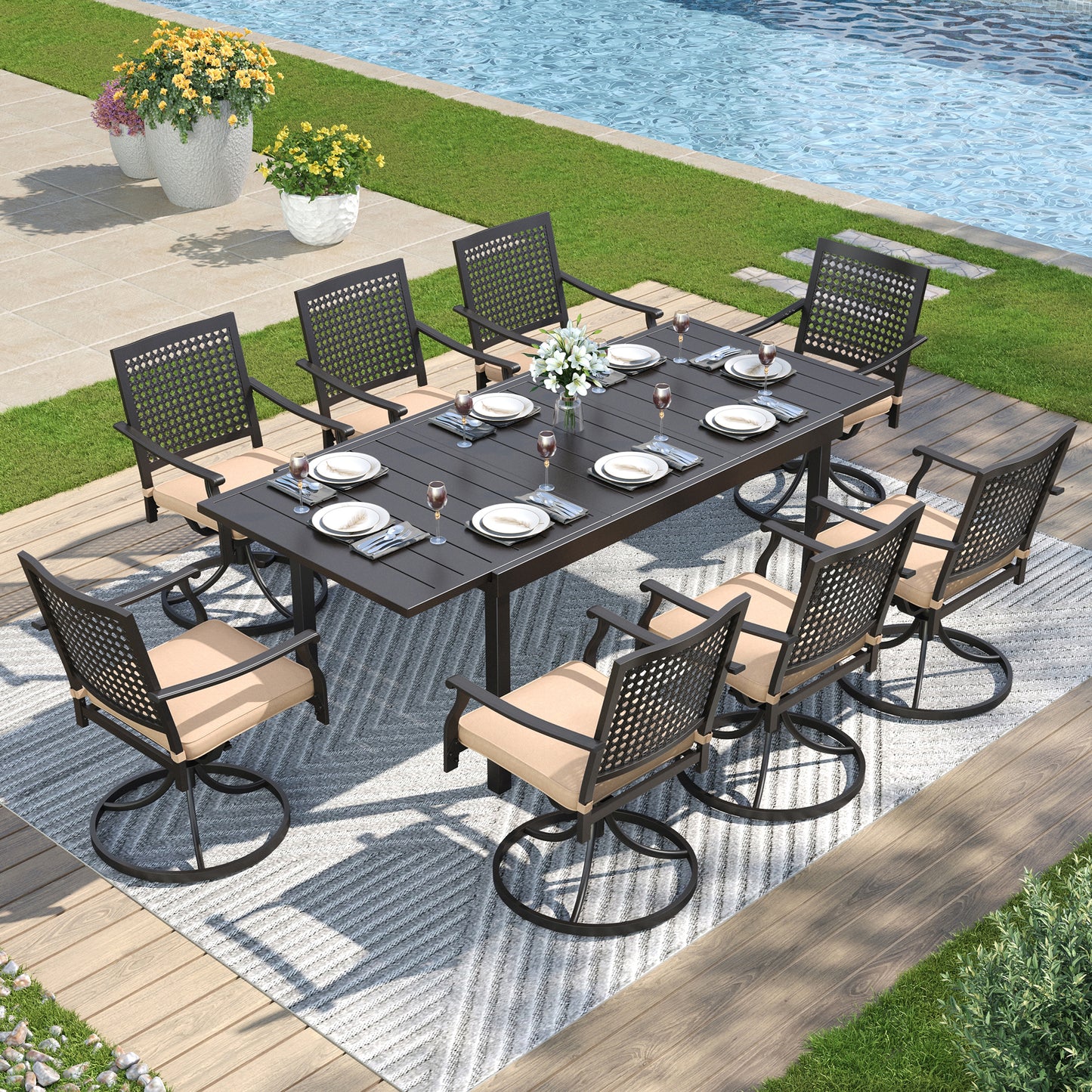 Captiva Designs 9 件套露台板顶可调节钢制矩形桌和可叠放椅子，带靶心图案