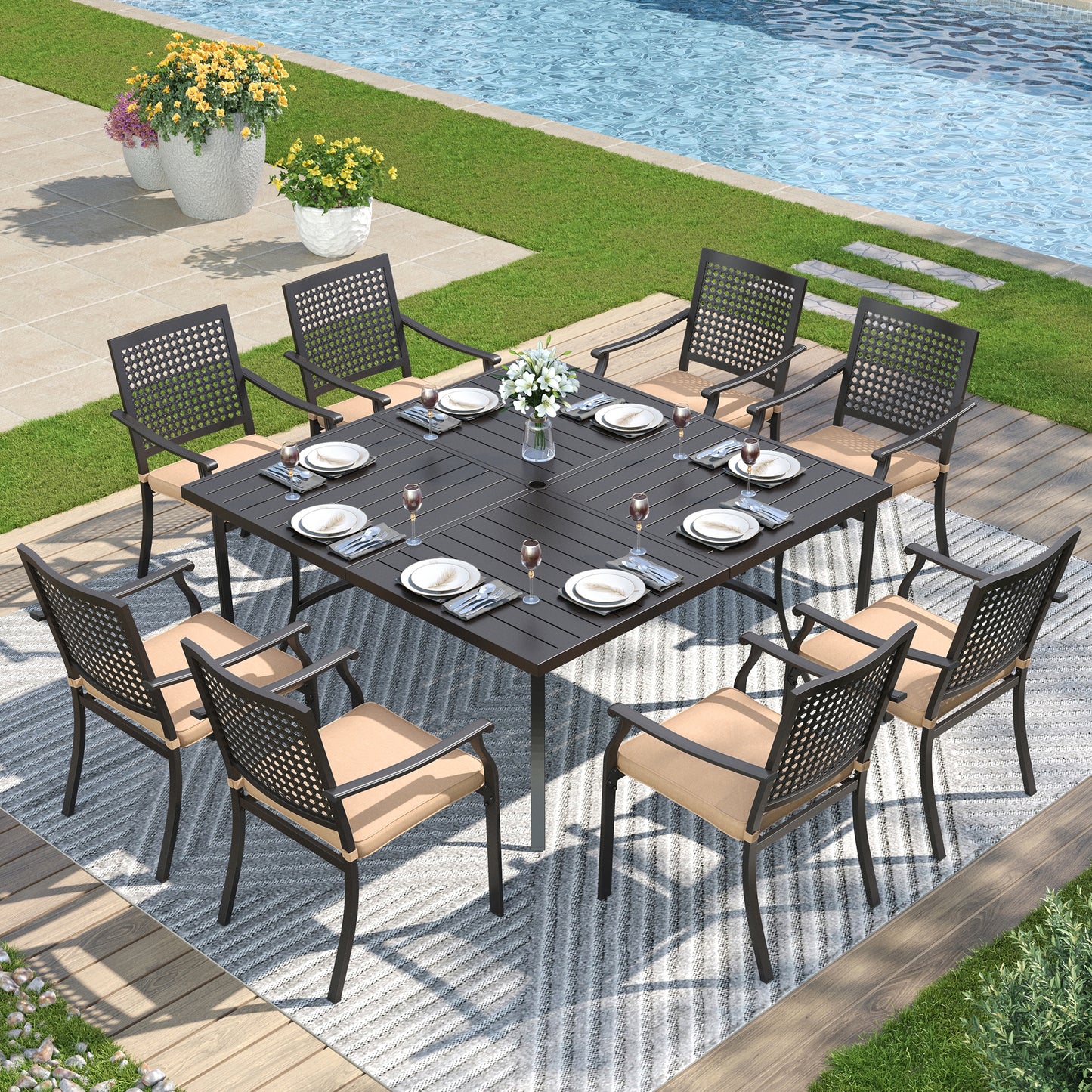 Captiva Designs 9pc Spacious Slat-top Square Metal Table with Umbrella Hole & Metal Stackable Chairs with Perforated Back