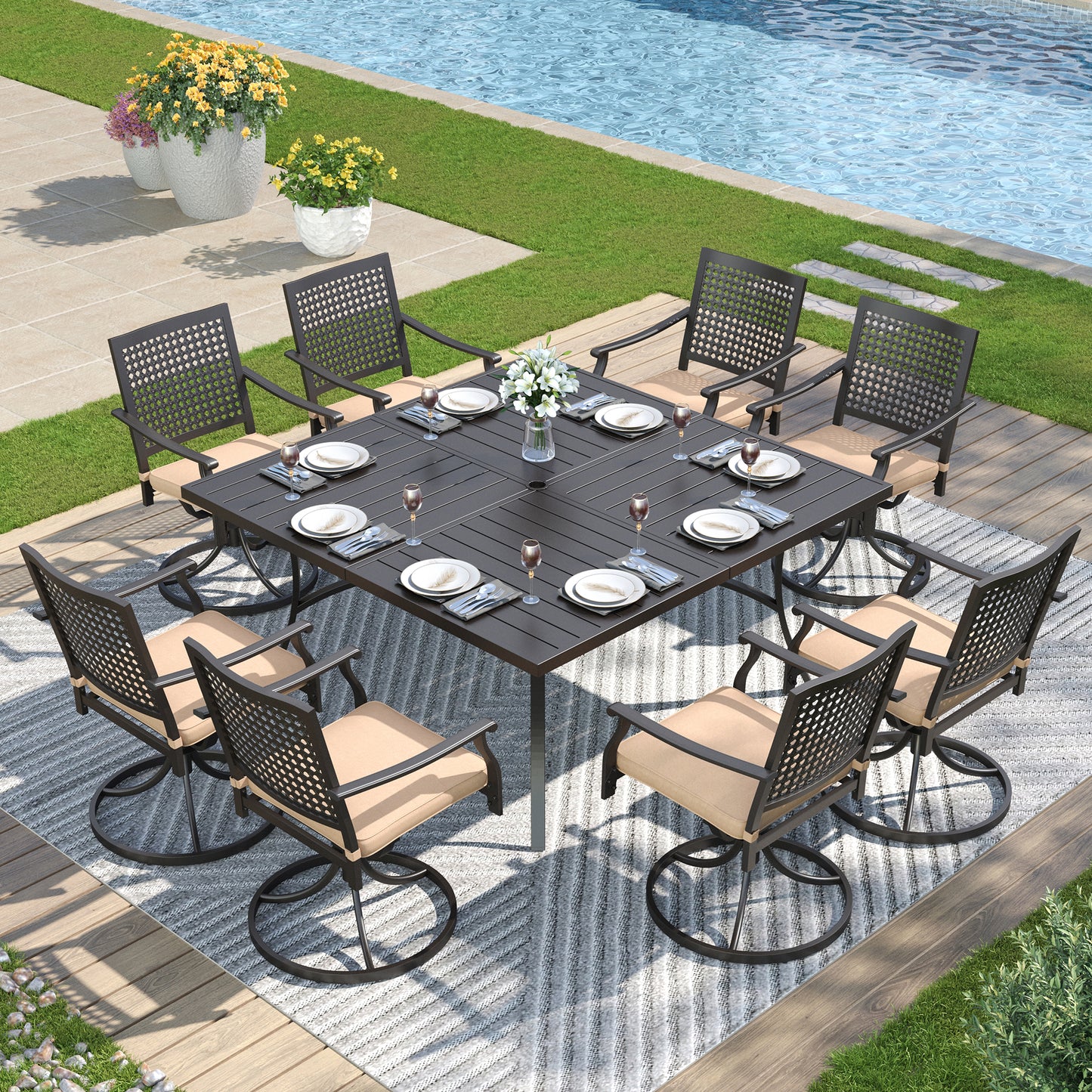 Captiva Designs 9pc Spacious Slat-top Square Metal Table with Umbrella Hole & Swivel Steel Chairs