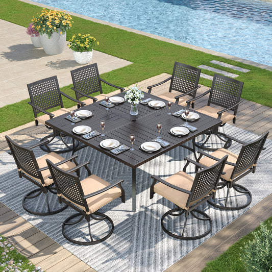 Captiva Designs 9pc Spacious Slat-top Square Metal Table with Umbrella Hole & Swivel Steel Chairs
