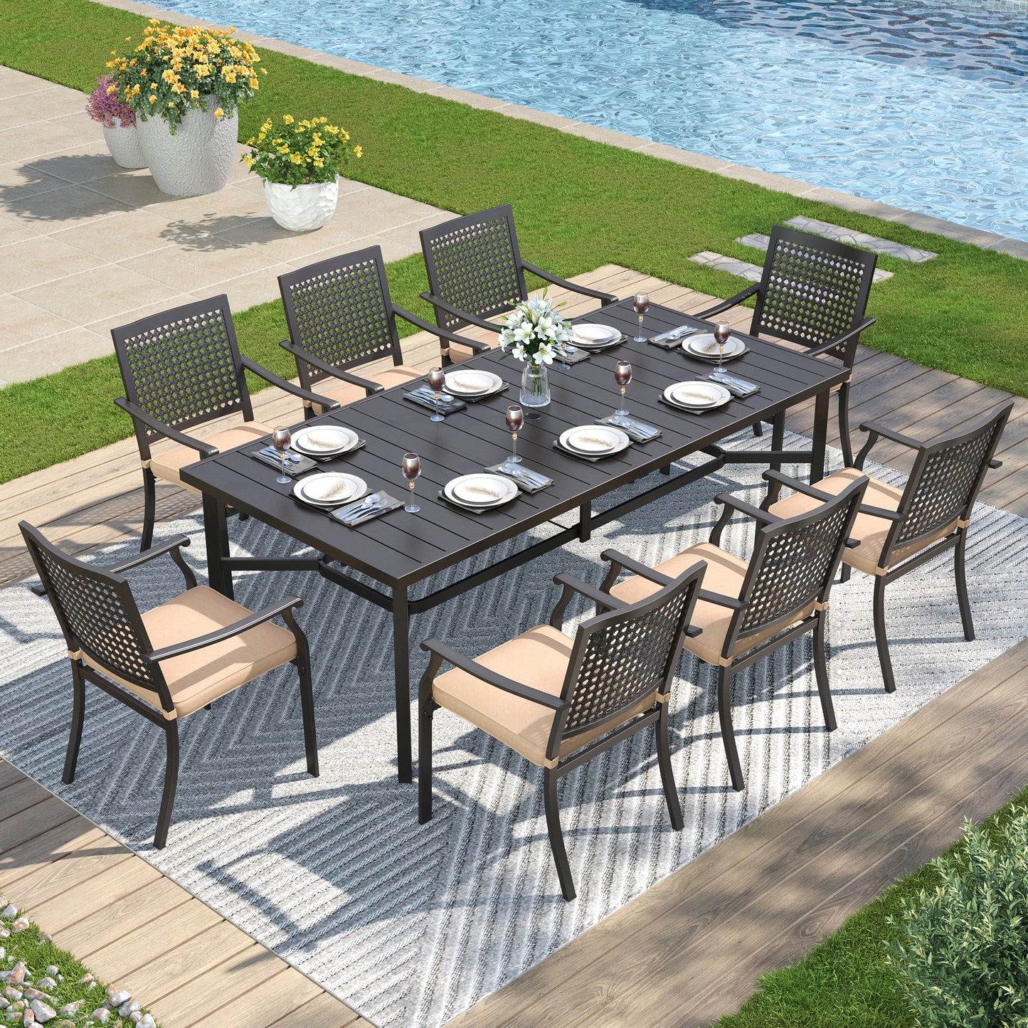 Captiva Designs 9pc Spacious Slat-top Rectangle Metal Table & Steel Stackable Chairs