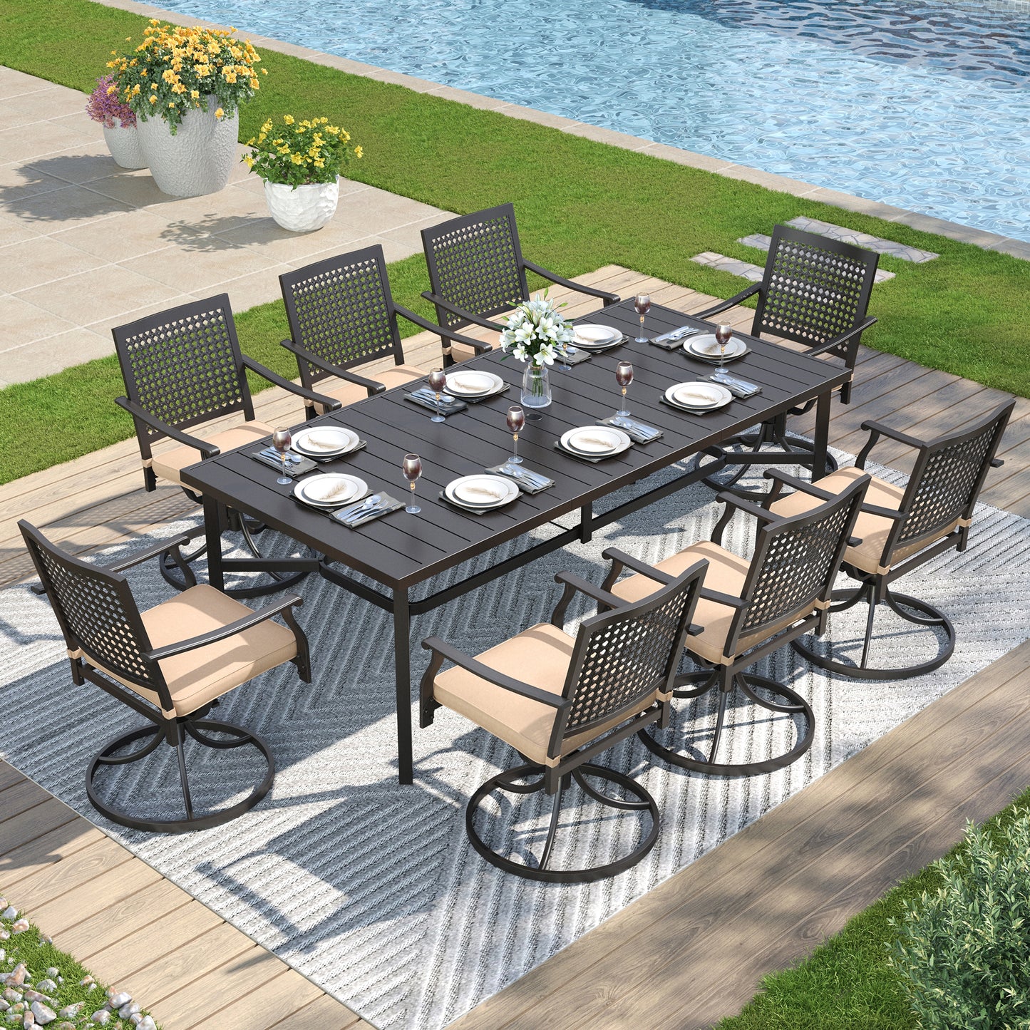 Captiva Designs 9pc Spacious Slat-top Rectangle Metal Table & Steel Stackable Chairs
