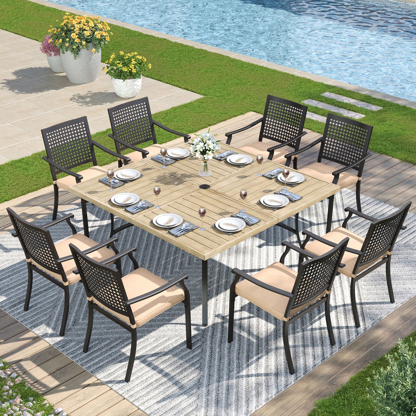 Captiva Designs 9pc Spacious Slat-top Square Metal Table with Umbrella Hole & Metal Stackable Chairs with Perforated Back