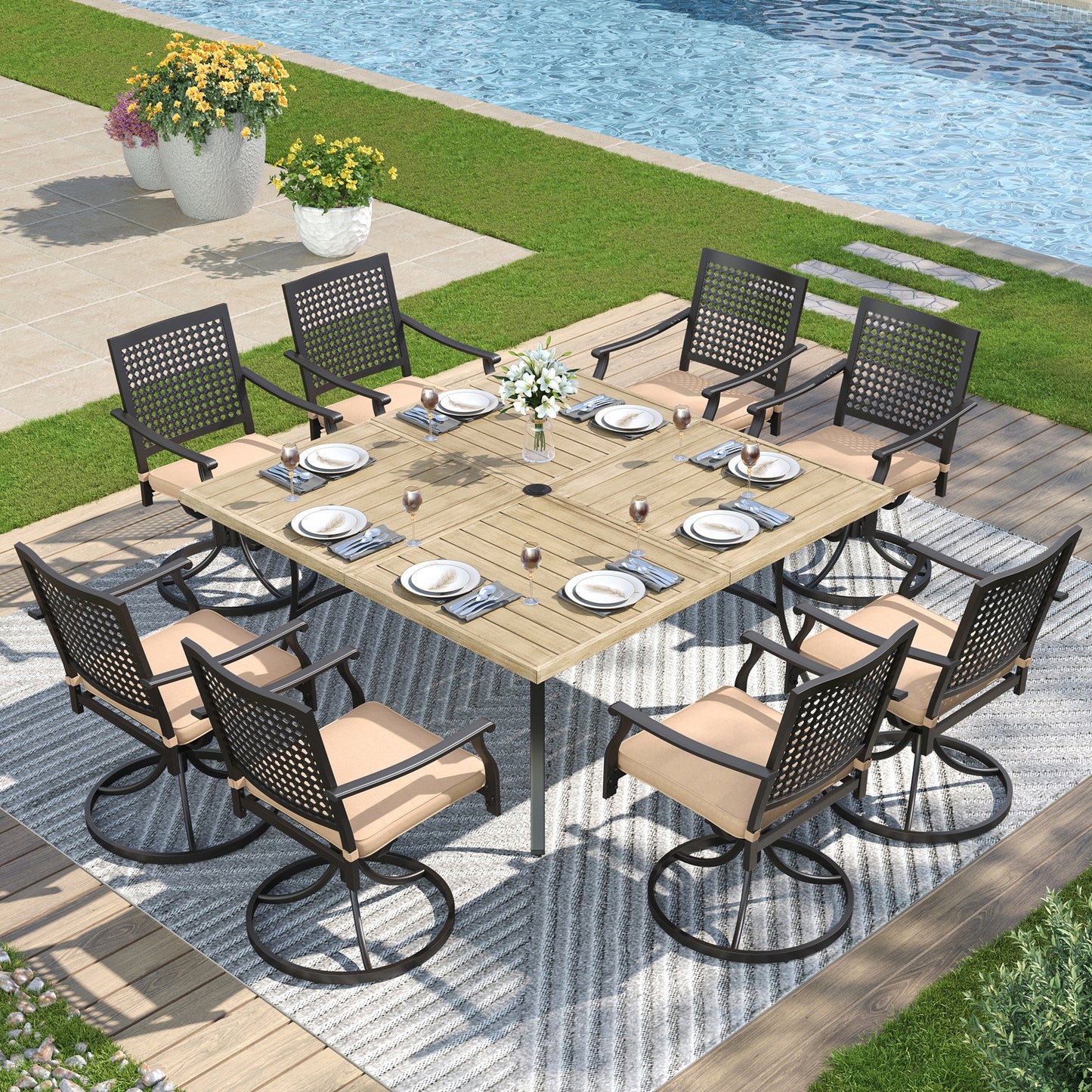 Captiva Designs 9pc Spacious Slat-top Square Metal Table with Umbrella Hole & Swivel Steel Chairs