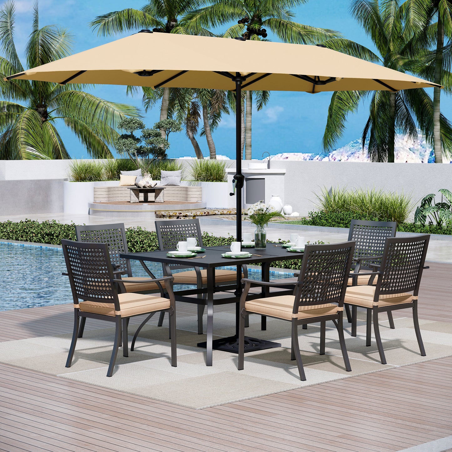 Captiva Designs 8pc Patio Dining Set with Rectangular Steel Table & Black Steel Chairs & Beige Umbrella
