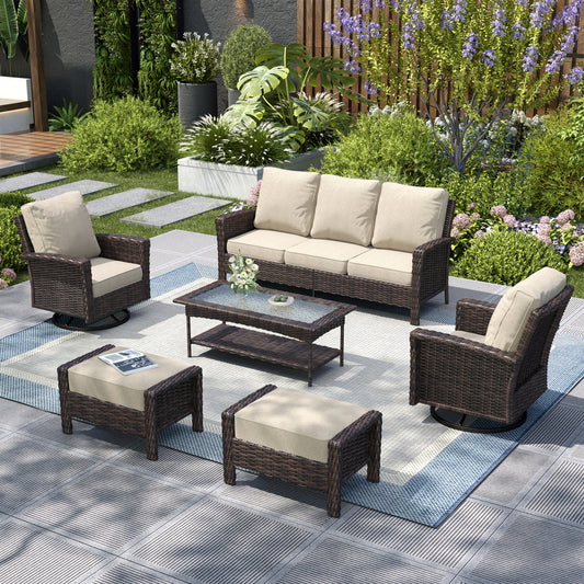 Captiva Designs 6pc Oversized Patio Outdoor Wicker Furniture Conversation Sofa Set with Coffee Table and Ottoman for Garden Yard Porch