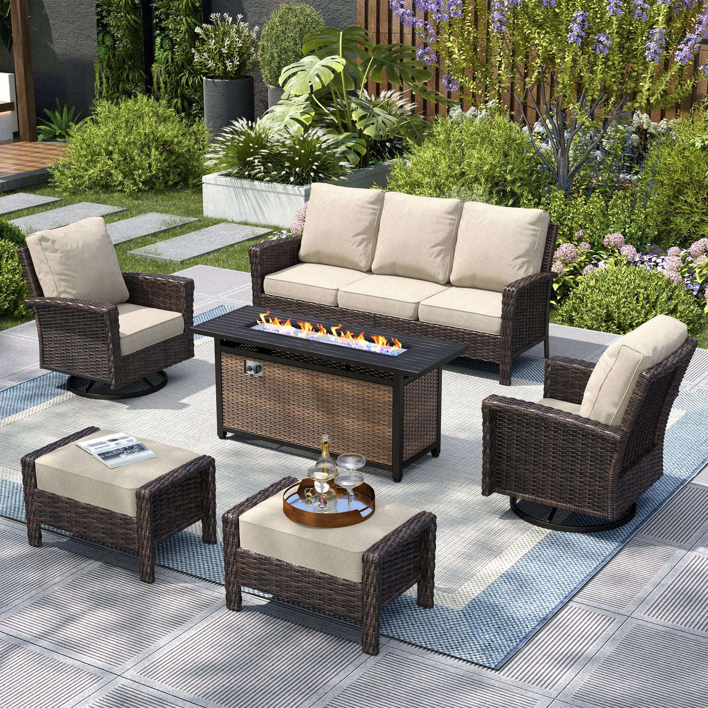 Captiva Designs Outdoor Patio Wicker Furniture Conversation Fire Pit Sets with Swivel Chairs with 5.5" Thick Cushions