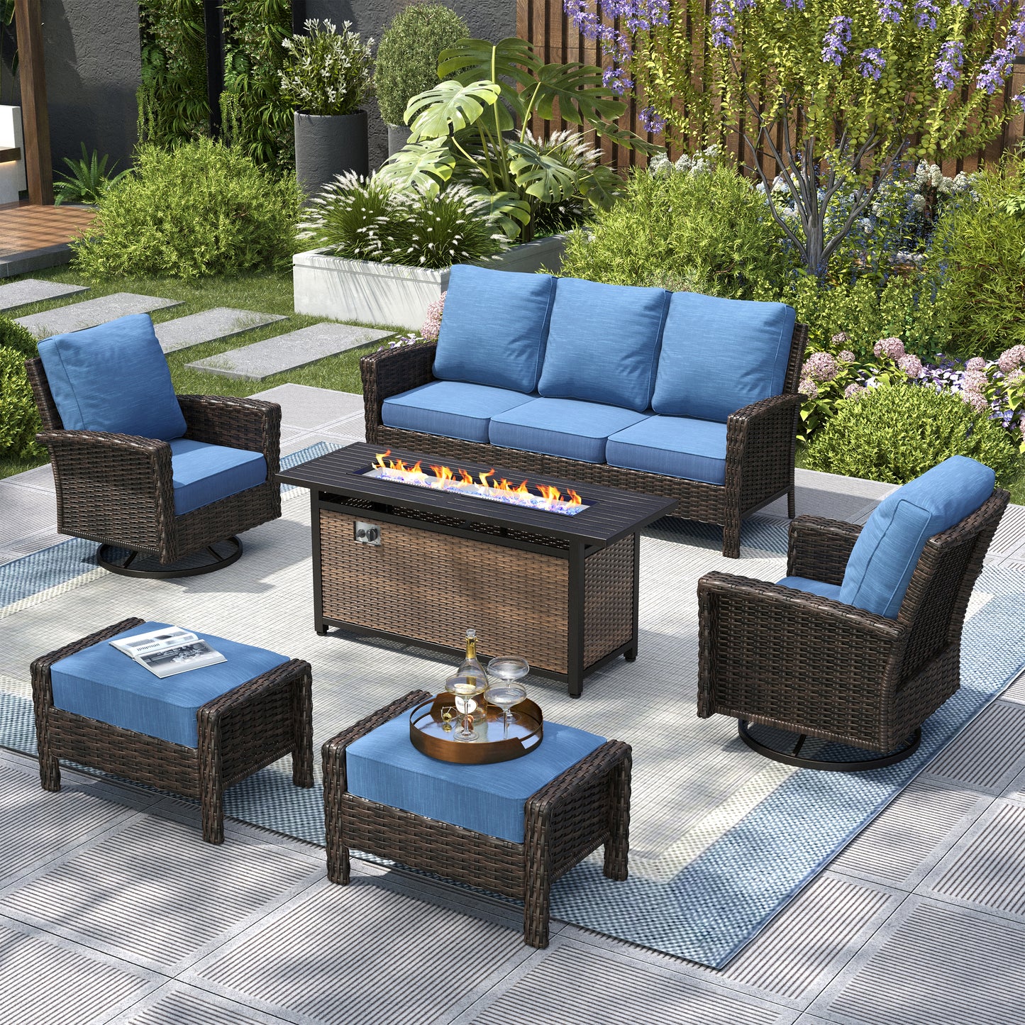 Captiva Designs Outdoor Patio Wicker Furniture Conversation Fire Pit Sets with Swivel Chairs with 5.5" Thick Cushions