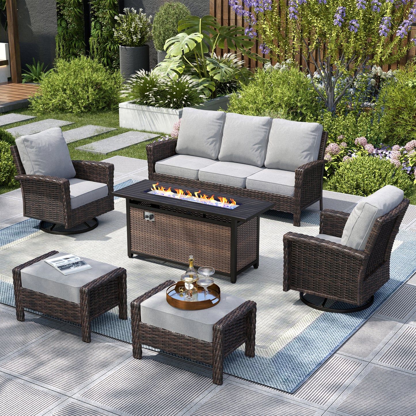 Captiva Designs Outdoor Patio Wicker Furniture Conversation Fire Pit Sets with Swivel Chairs with 5.5" Thick Cushions