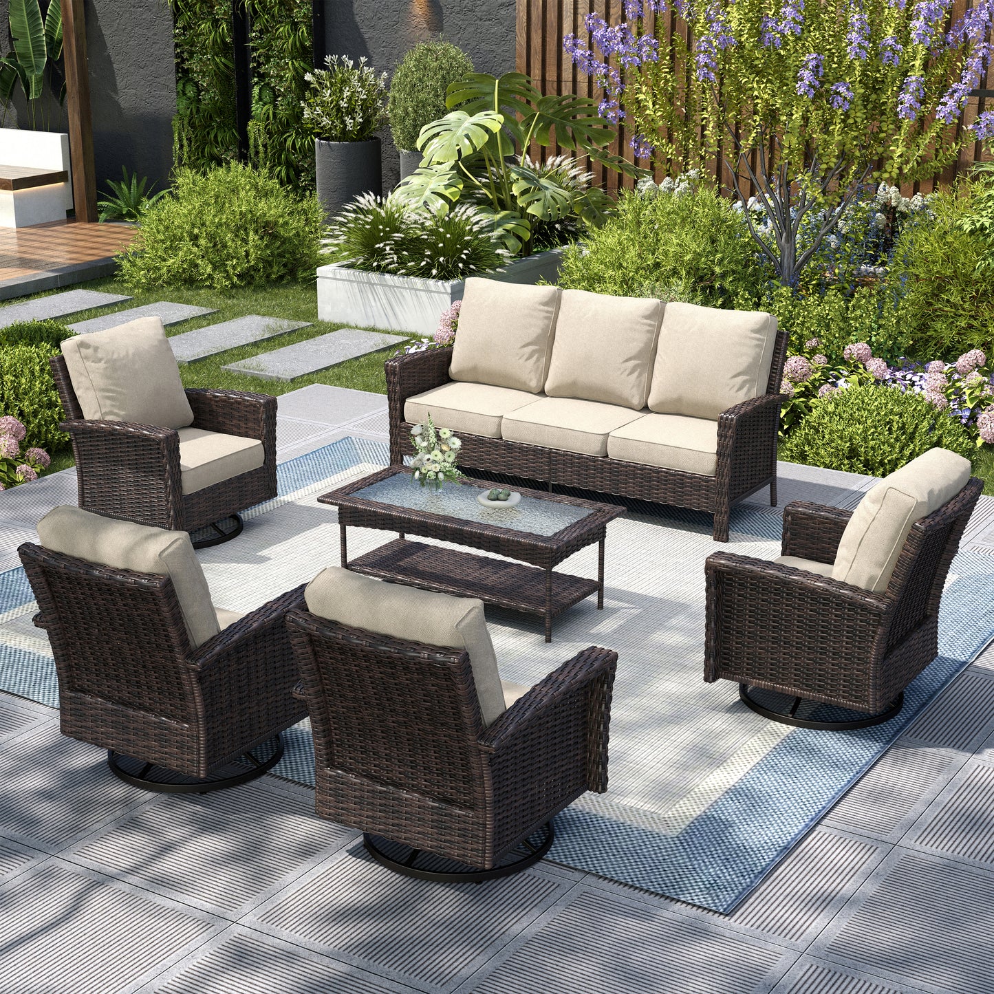 Captiva Designs 6 件套超大露台户外柳条家具会客沙发套装，带咖啡桌，适用于花园庭院门廊