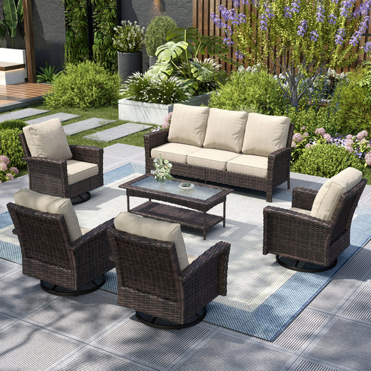 Captiva Designs 6 件套超大露台户外柳条家具会客沙发套装，带咖啡桌，适用于花园庭院门廊