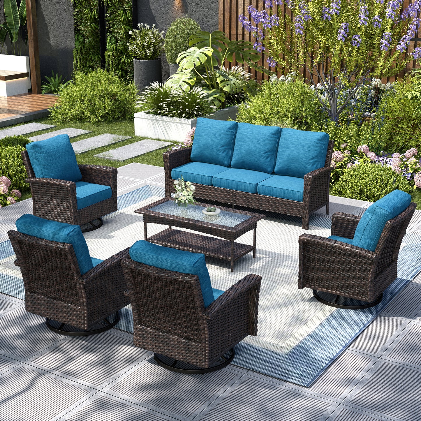 Captiva Designs 6 件套超大露台户外柳条家具会客沙发套装，带咖啡桌，适用于花园庭院门廊