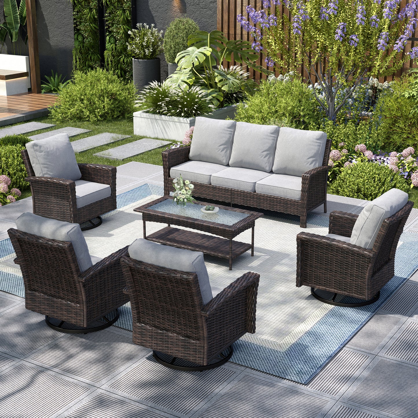 Captiva Designs 6 件套超大露台户外柳条家具会客沙发套装，带咖啡桌，适用于花园庭院门廊