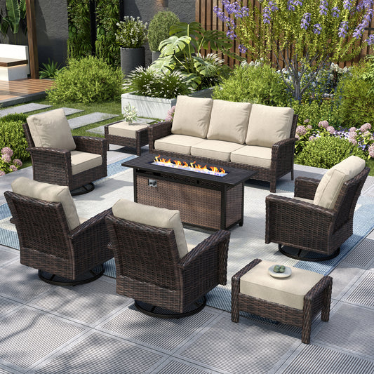 Captiva Designs Outdoor Patio Wicker Furniture Conversation Fire Pit Sets with Swivel Chairs with 5.5" Thick Cushions