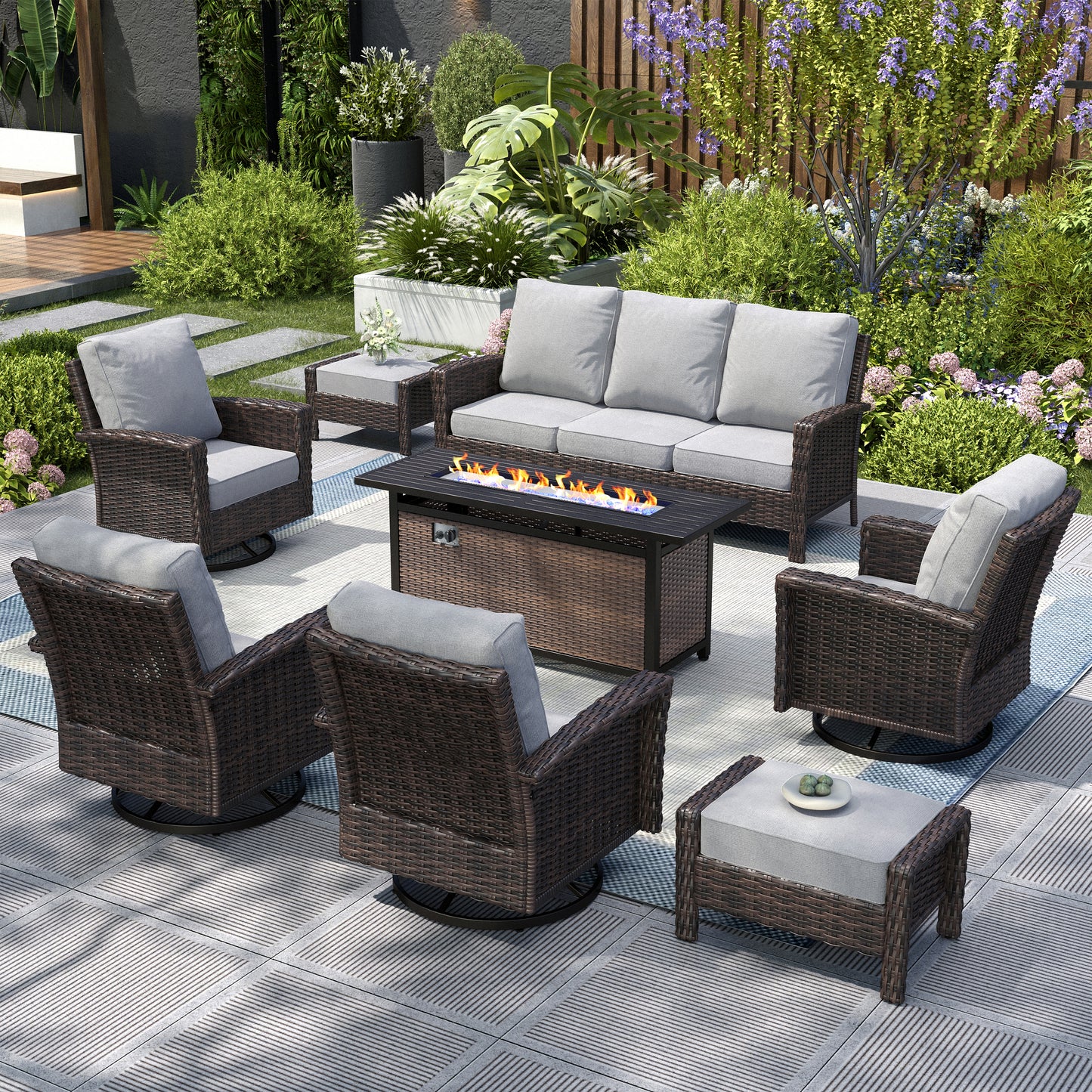 Captiva Designs Outdoor Patio Wicker Furniture Conversation Fire Pit Sets with Swivel Chairs with 5.5" Thick Cushions