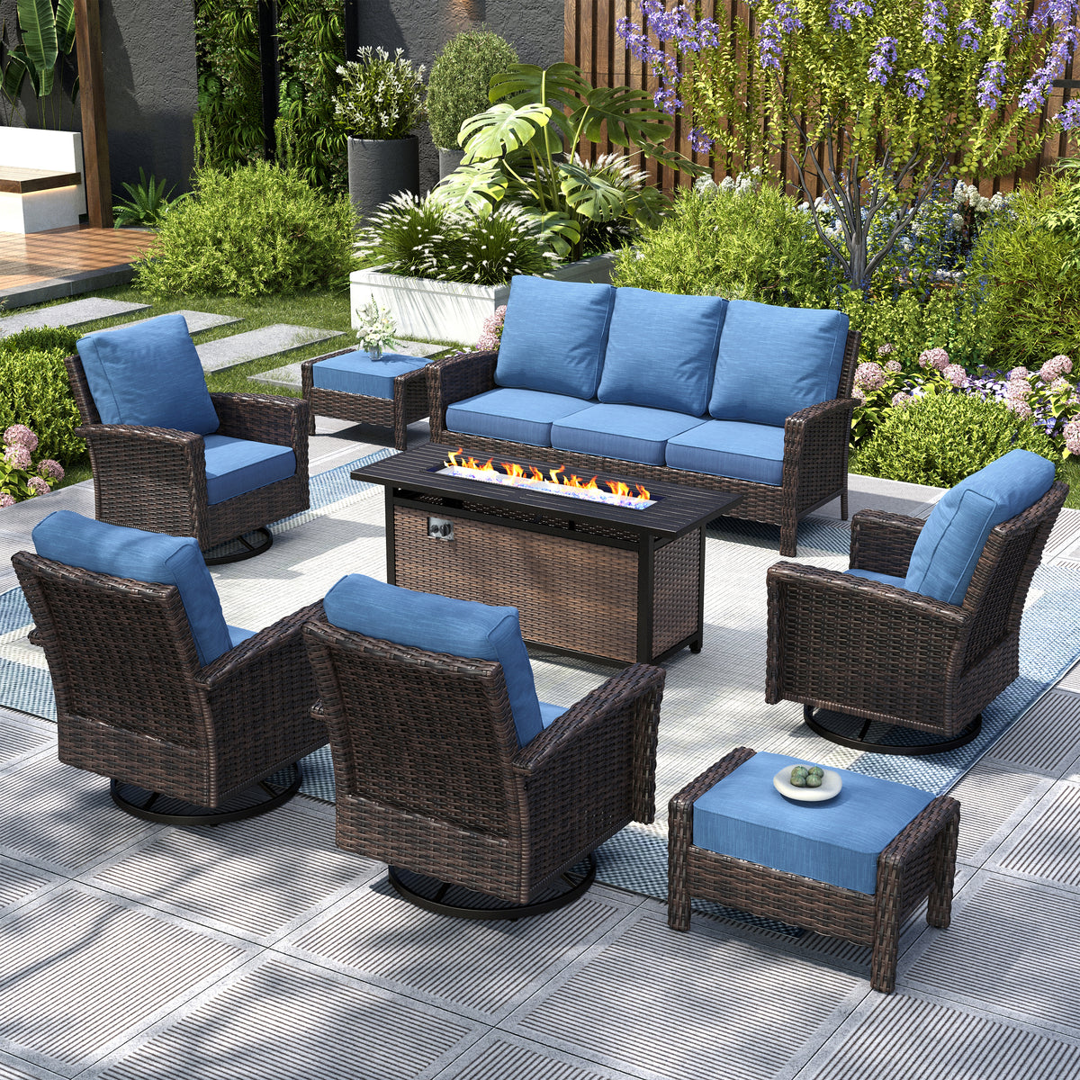 Captiva Designs Outdoor Patio Cushioned Wicker Furniture Conversation Fire Pit Sets with Swivel Chairs