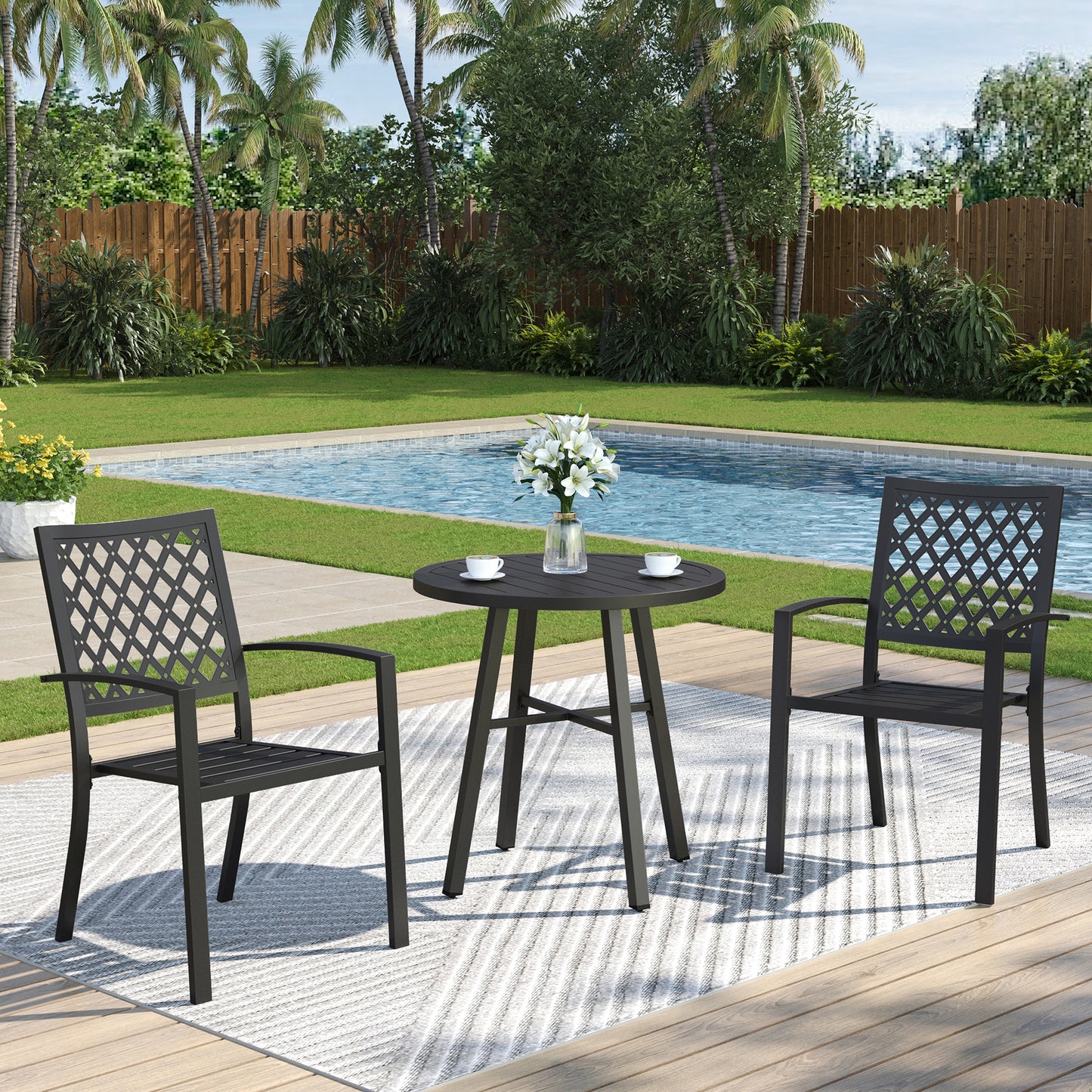 Captiva Designs 3pc Outdoor Patio Slatted Tabletop Round Dining Table & Metal Chairs