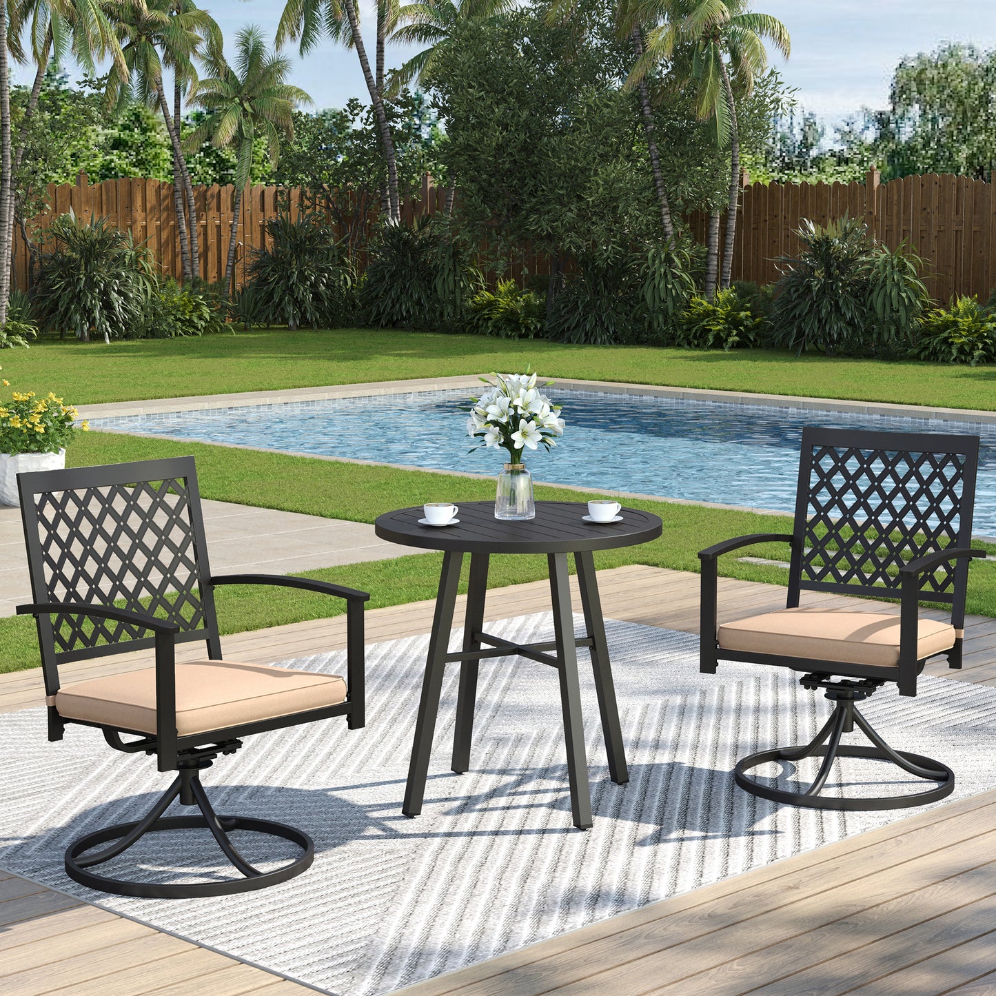 Captiva Designs 3pc Outdoor Patio Slatted Tabletop Round Dining Table & Metal Chairs