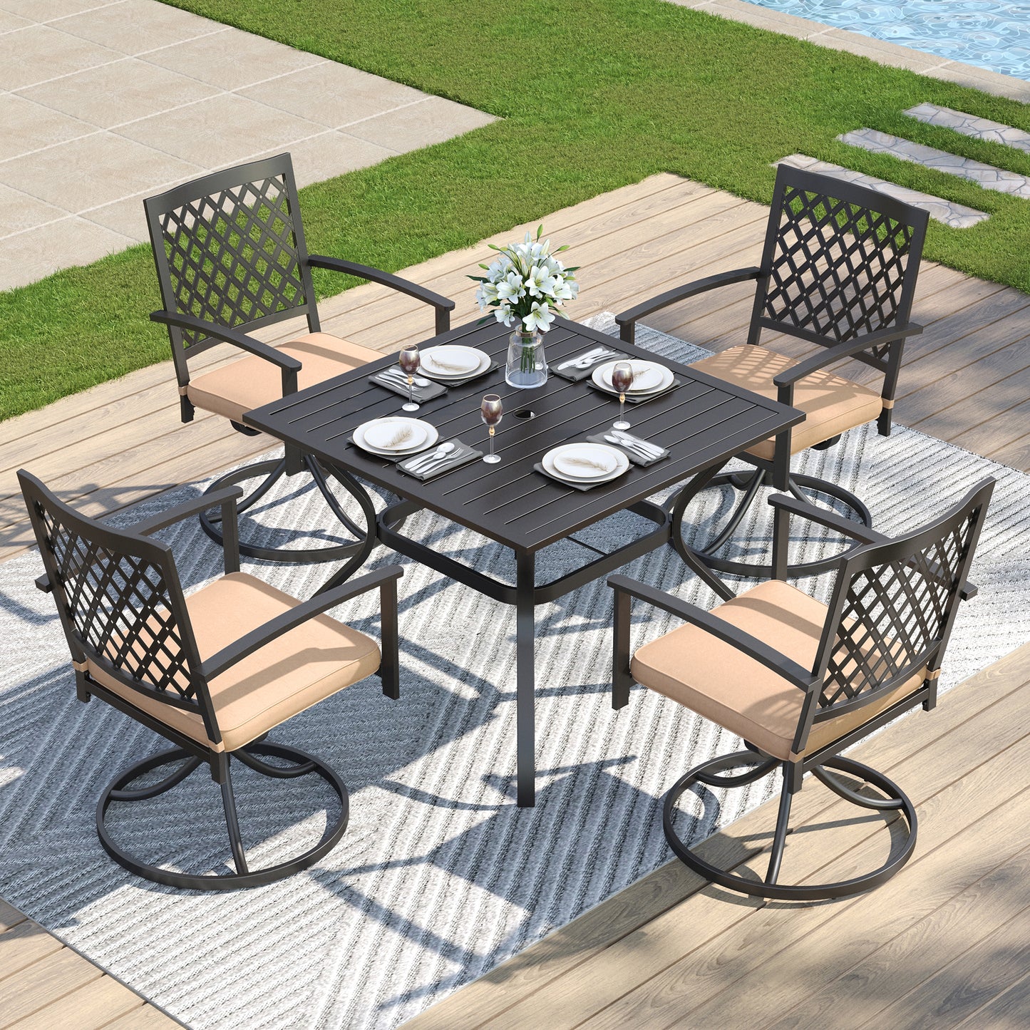 Captiva Designs 5pc Patio Slat-top Square Steel Dining Table with Umbrella Hole & Metal Arm Chairs