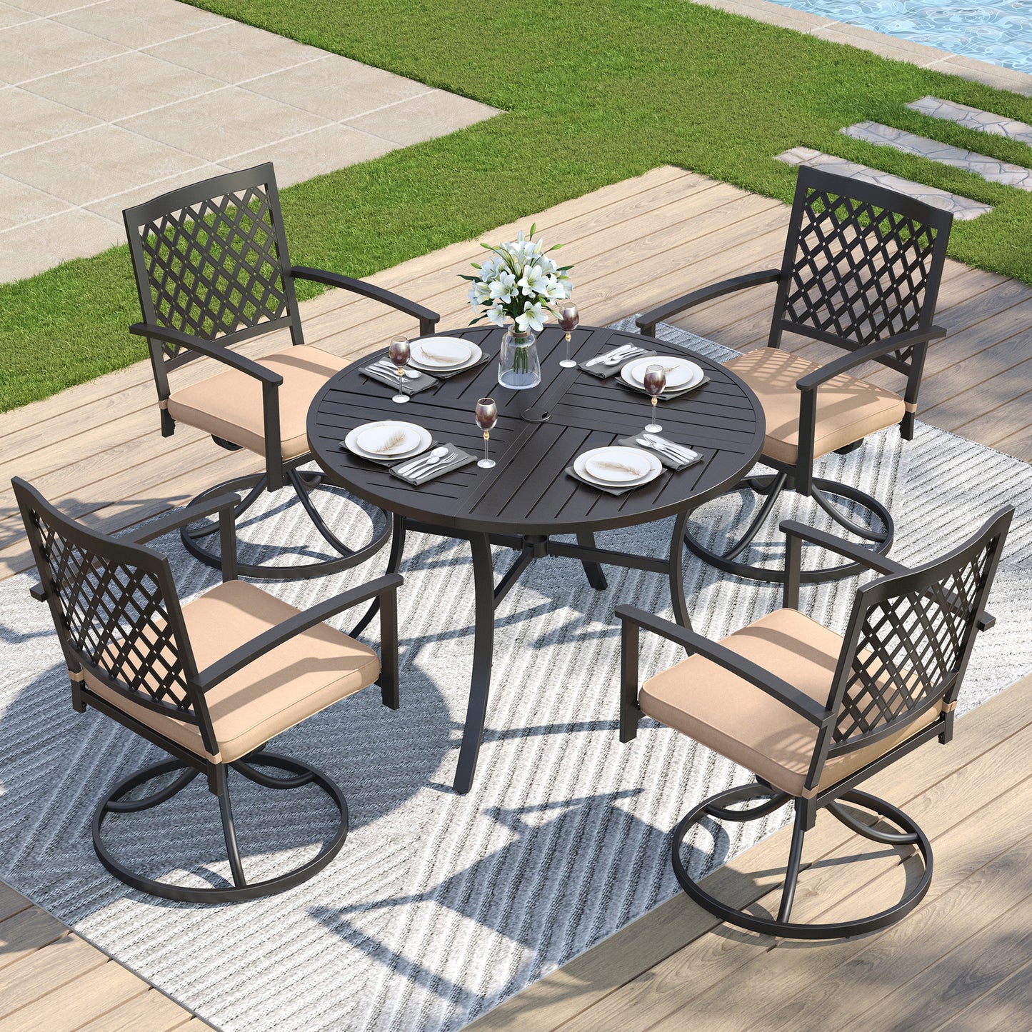 Captiva Designs 5 件套露台餐厅钢制套装，配有带顶板的圆桌和可叠放的椅子，带有网格图案