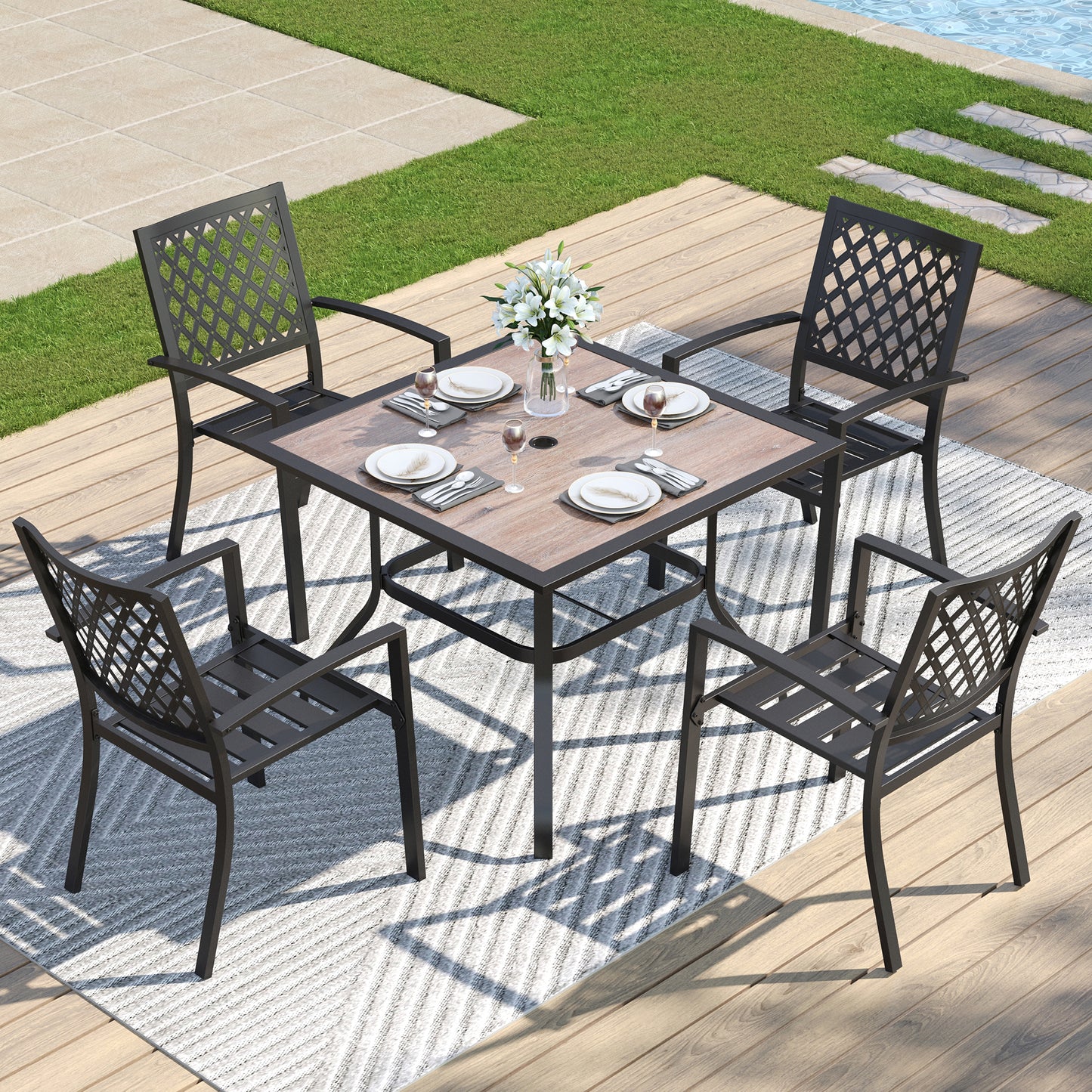 Captiva Designs 9 件套露台餐桌椅套装，配有宽敞的方形金属板桌和带靠垫的钢椅