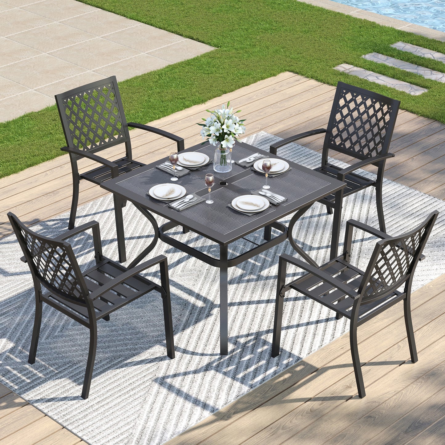 Captiva Designs 5pc Outdoor Patio Dining Set with Mesh Top Square Steel Table and Metal Chairs